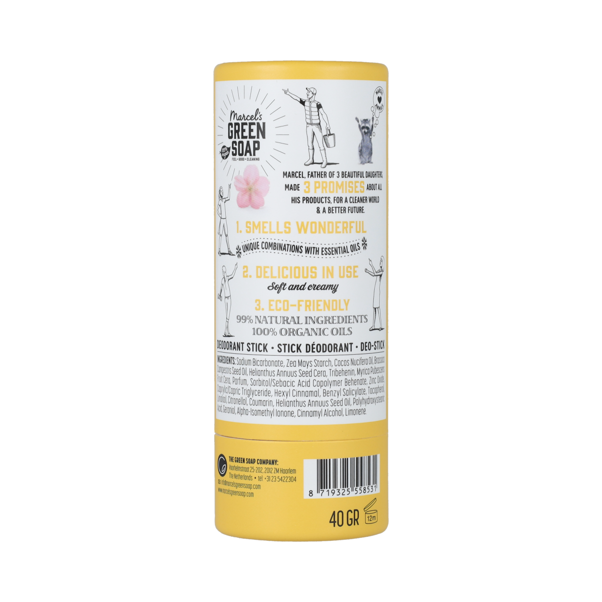 Marcel's Green Soap vanilla and cherry blossom scented deodorant stick, 40g, with natural ingredients and floral fragrance.