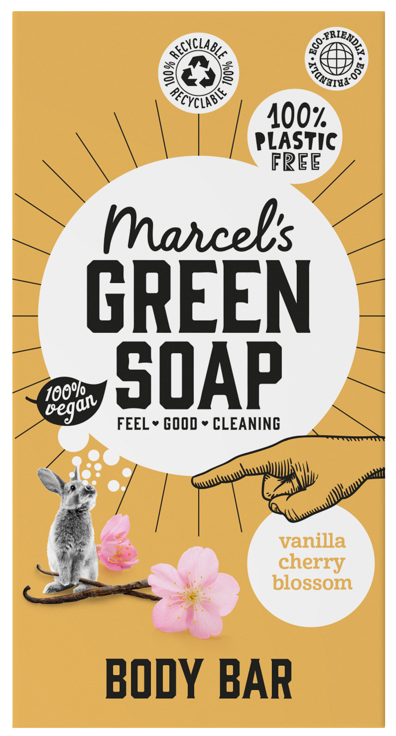 Marcel's Green Soap vanilla and cherry shower bar, 150g, showing the soap with vanilla and cherry scent packaging.