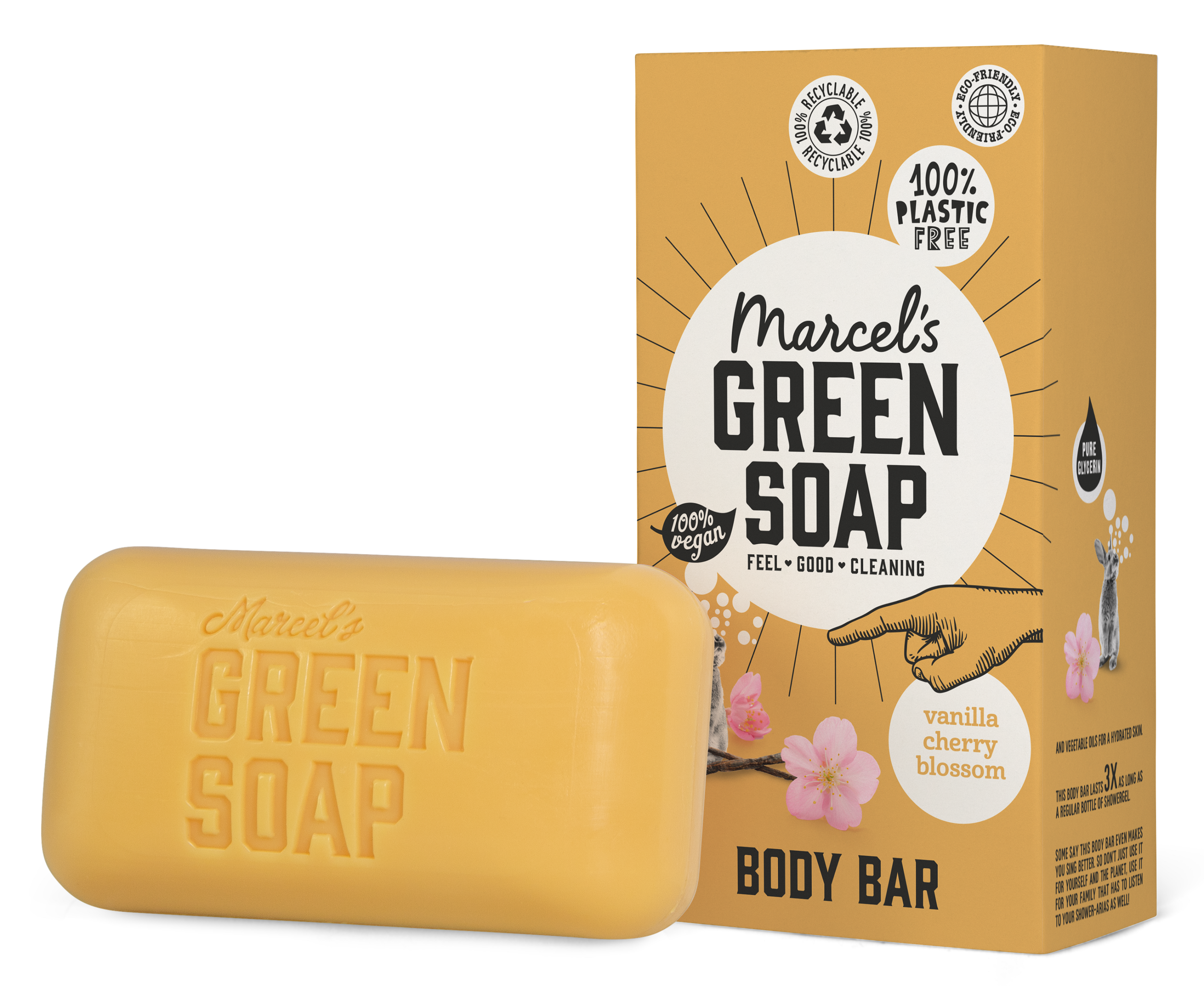 Marcel's Green Soap vanilla and cherry shower bar, 150g, natural bad en douche with colorful packaging and fresh scent
