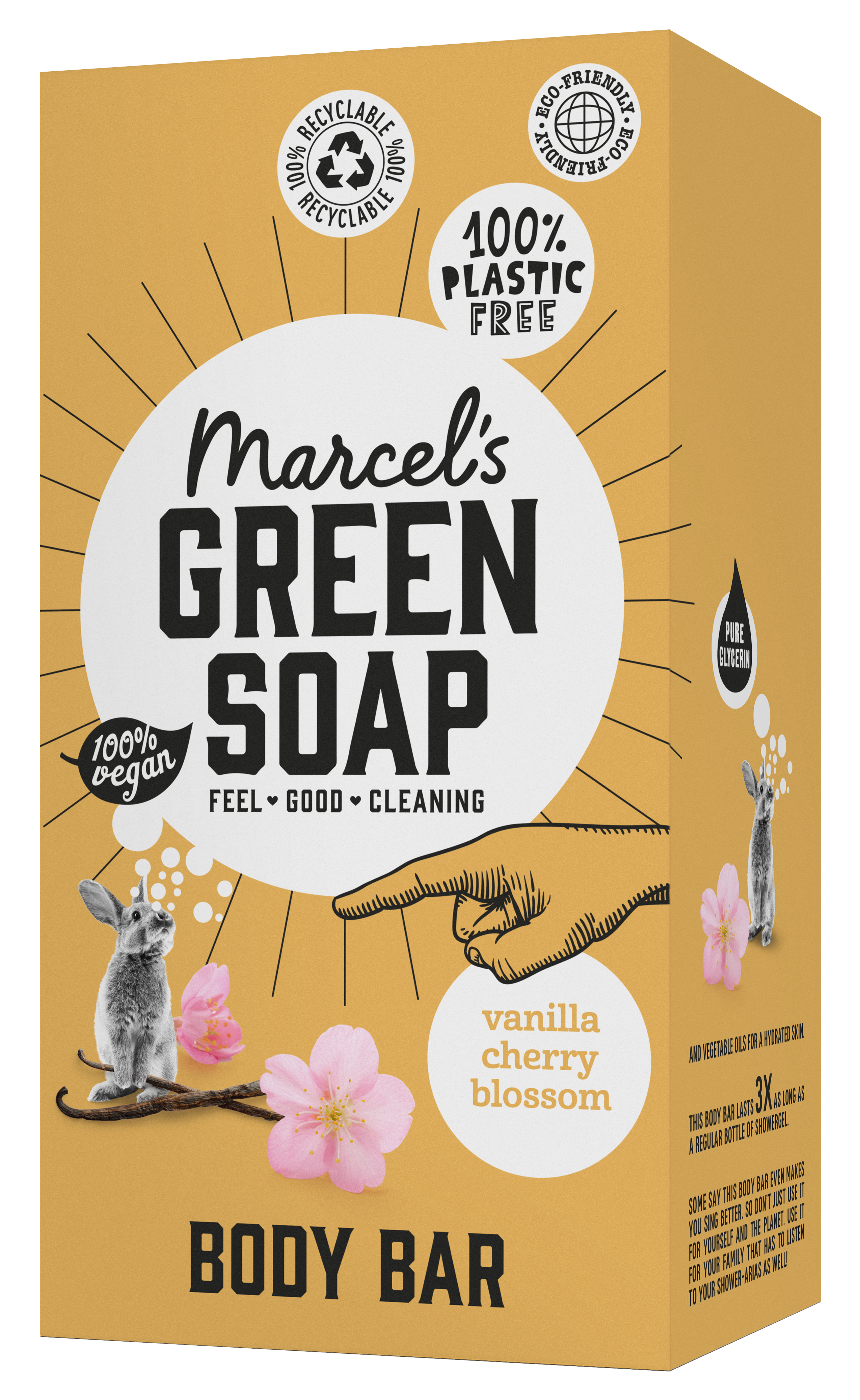 Marcel's Green Soap vanilla and cherry shower bar, 150g, with a white and pink soap bar on a bathroom surface