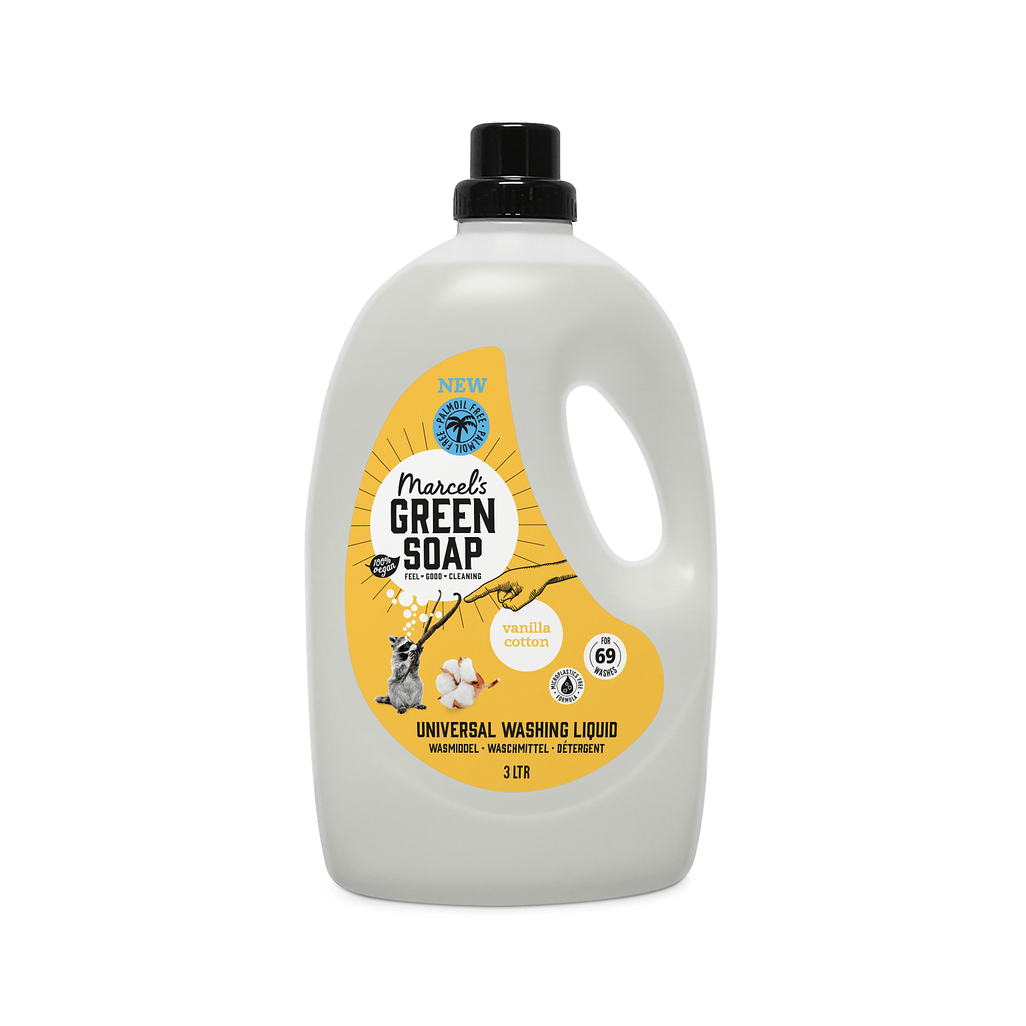 Marcel's Green Soap vanilla and cotton laundry detergent 3000ml, eco-friendly washing liquid in a large bottle.