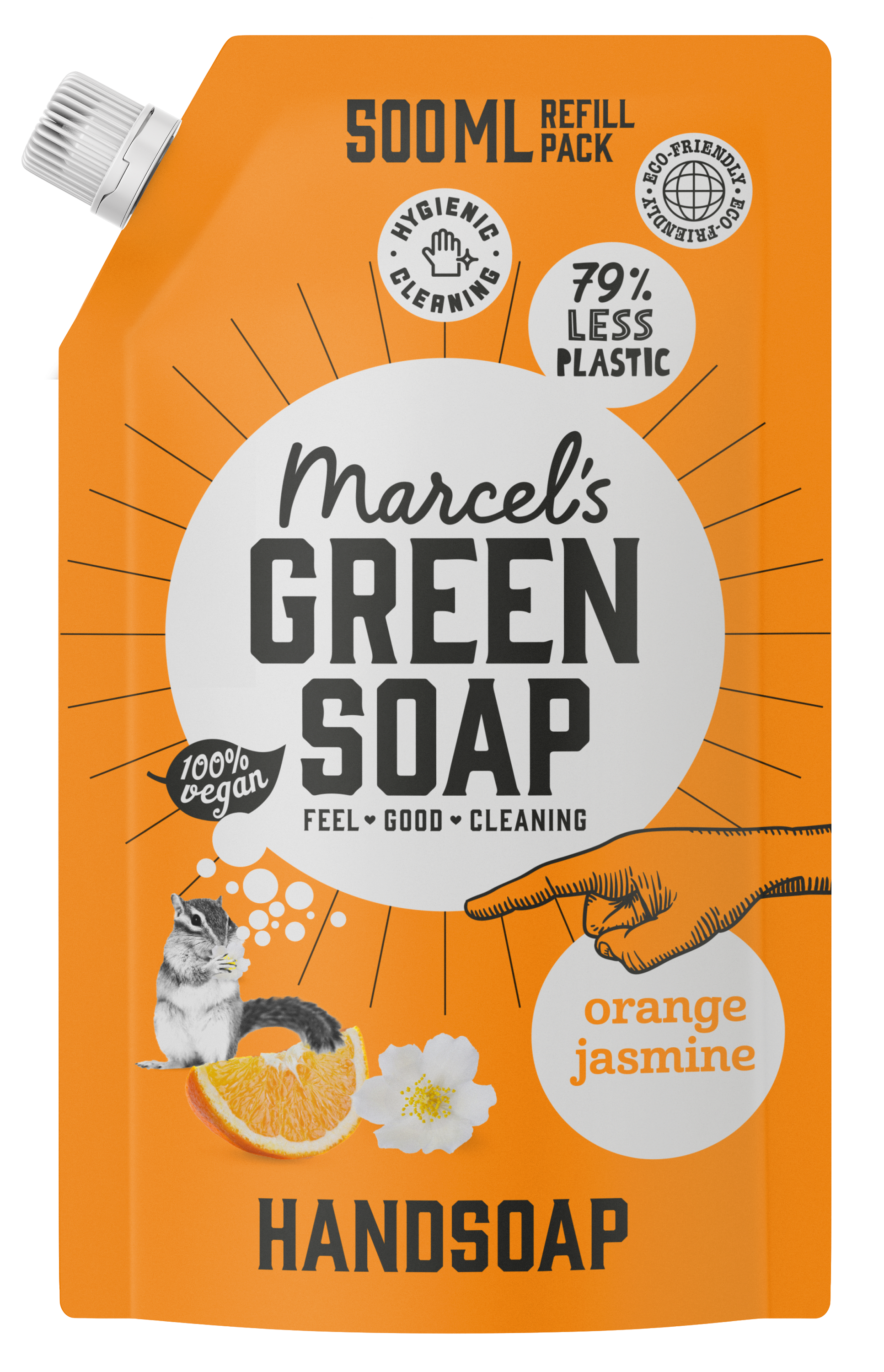 Marcel's Green Soap orange and jasmine hand soap refill bottle, 500ml, for hand care and moisturizing.