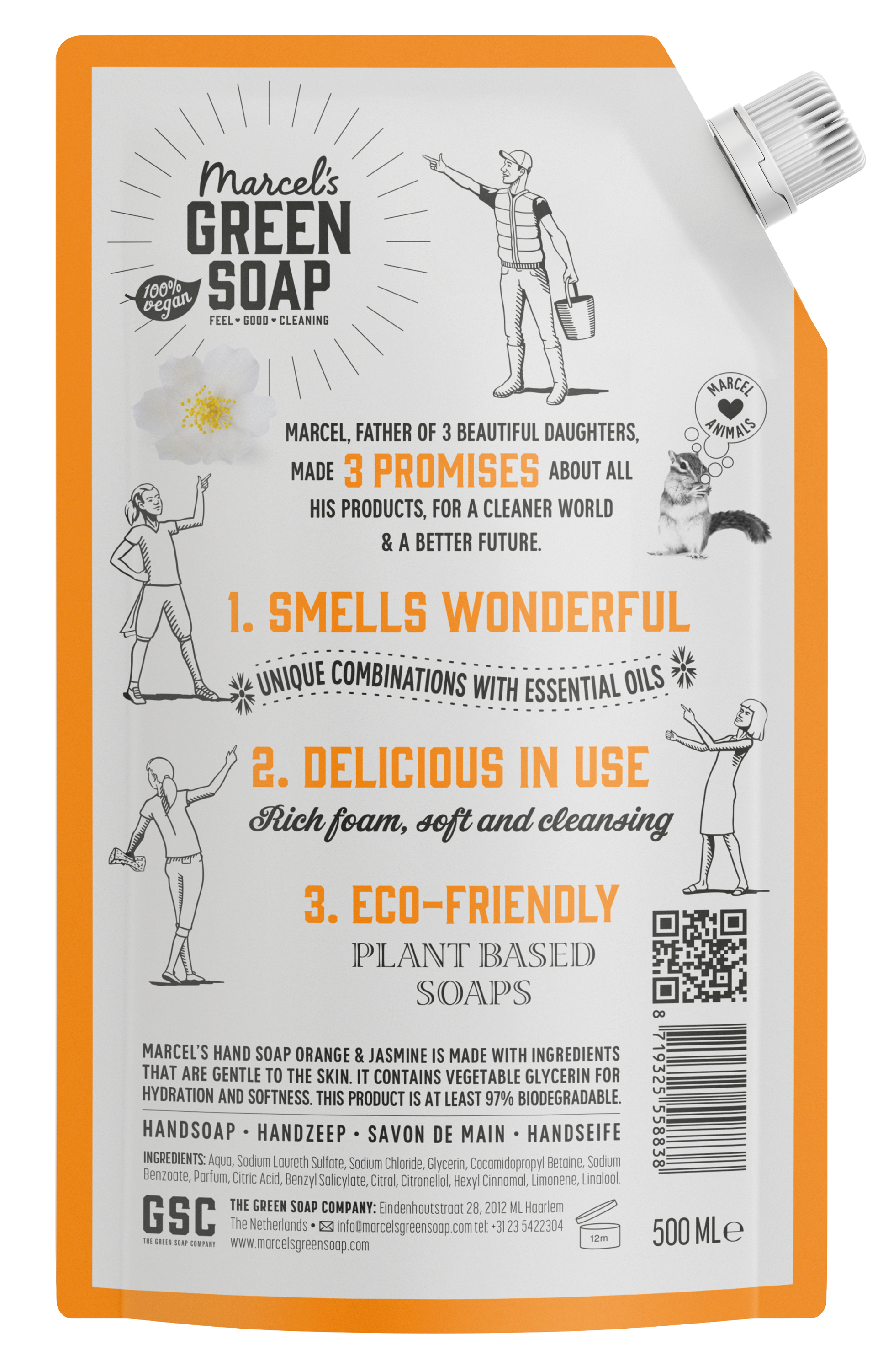 Marcel's Green Soap hand soap refill with orange and jasmine scent, 500ml bottle for hand care.