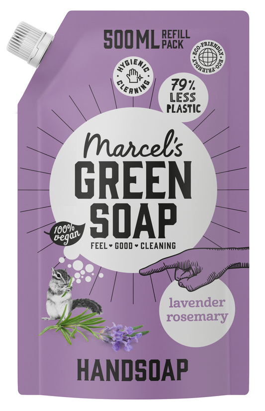 Marcel's Green Soap lavender and rosemary hand soap refill bottle, 500ml, for hand care and moisturizing.