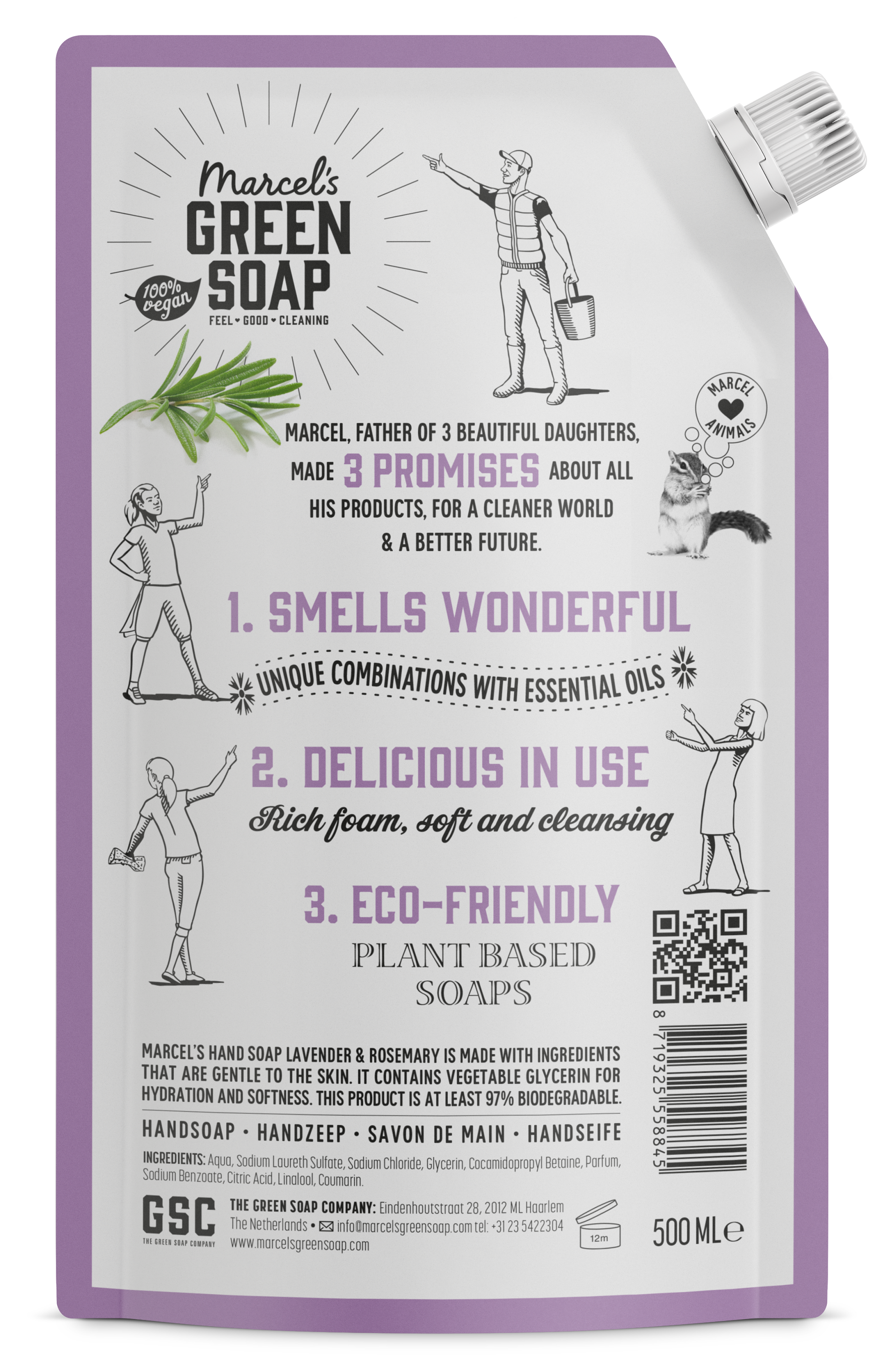 Marcel's Green Soap lavender and rosemary hand soap refill bottle, 500ml, for hand care and moisturizing.