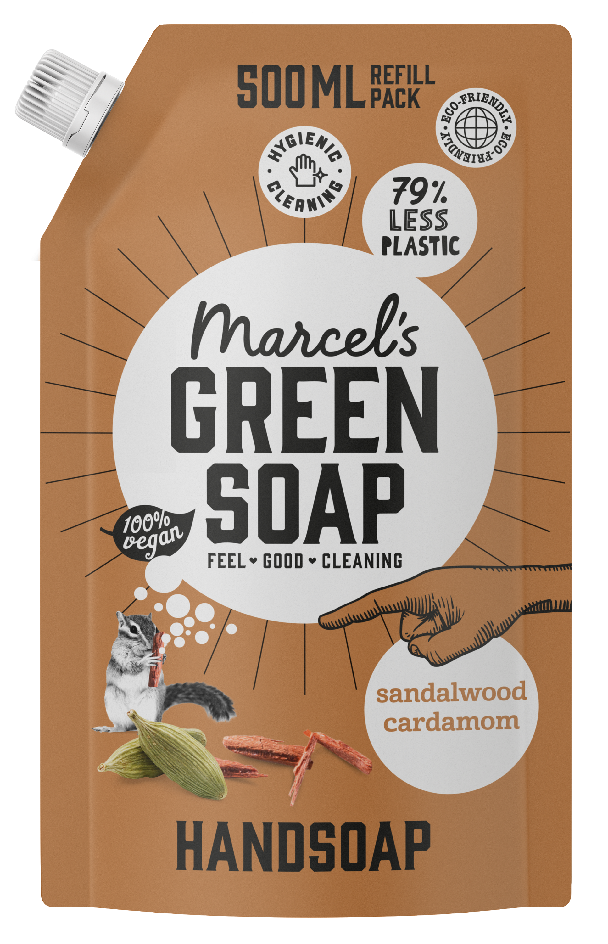 Marcel's Green Soap hand soap refill with sandalwood and cardamom scent, 500ml, for hand care.