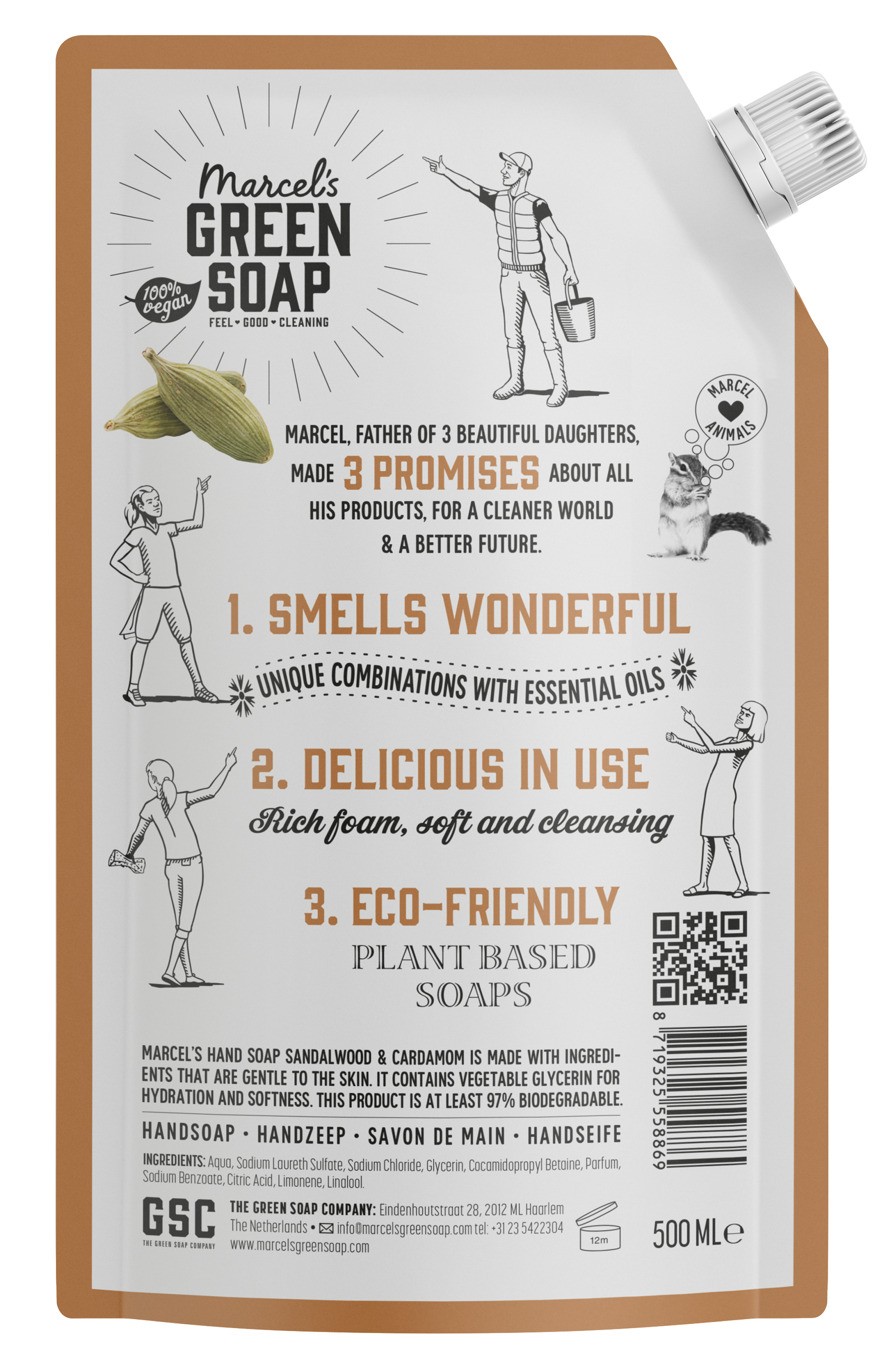 Marcel's Green Soap hand soap refill in sandalwood and cardamom scent, 500ml, for hand care and hygiene.