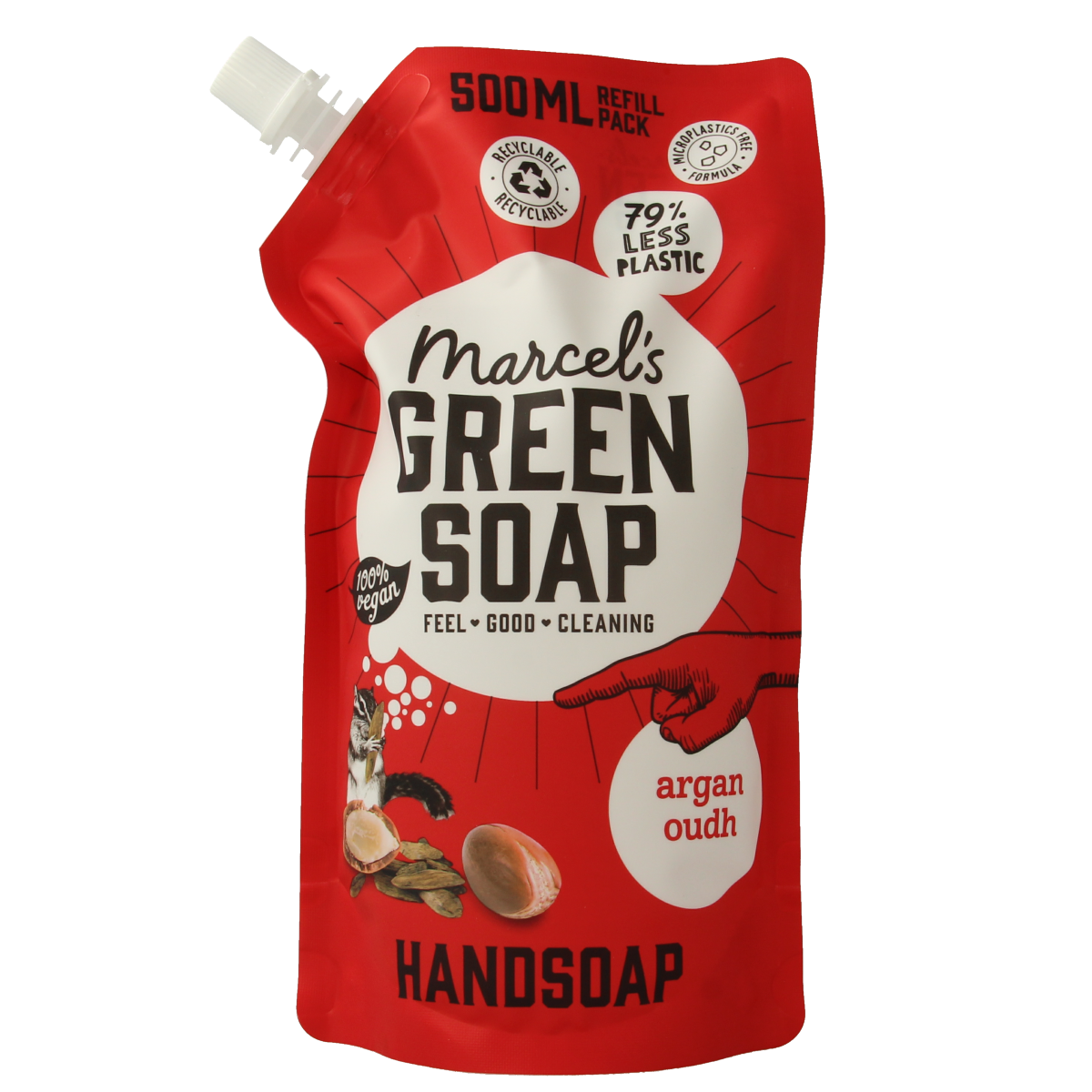 Marcel's Green Soap Argan & Oudh hand soap refill bottle, 500ml, natural hand care product with green and brown packaging.
