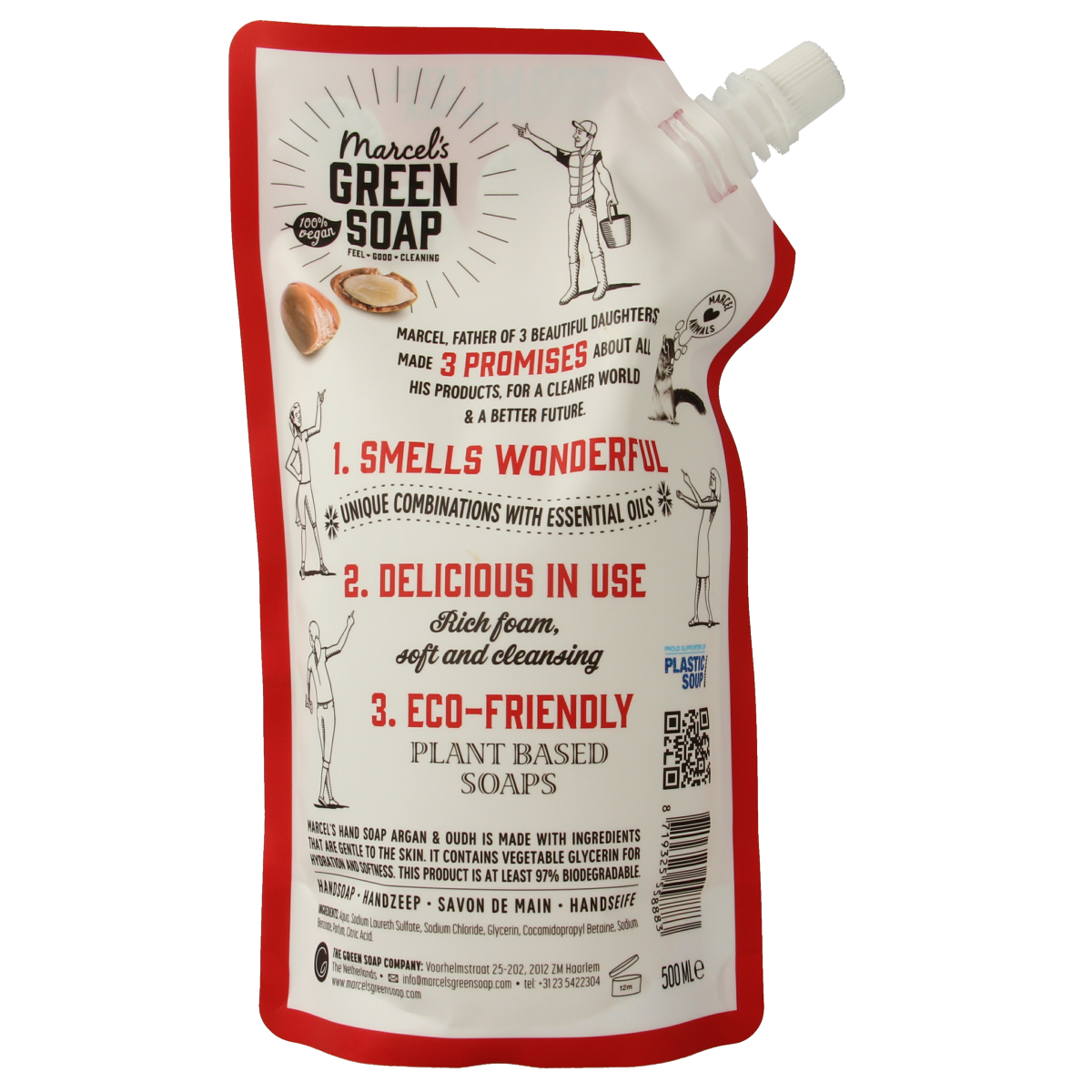 Marcel's Green Soap argan and oudh hand soap refill in a 500ml bottle, hand care product with green and white packaging