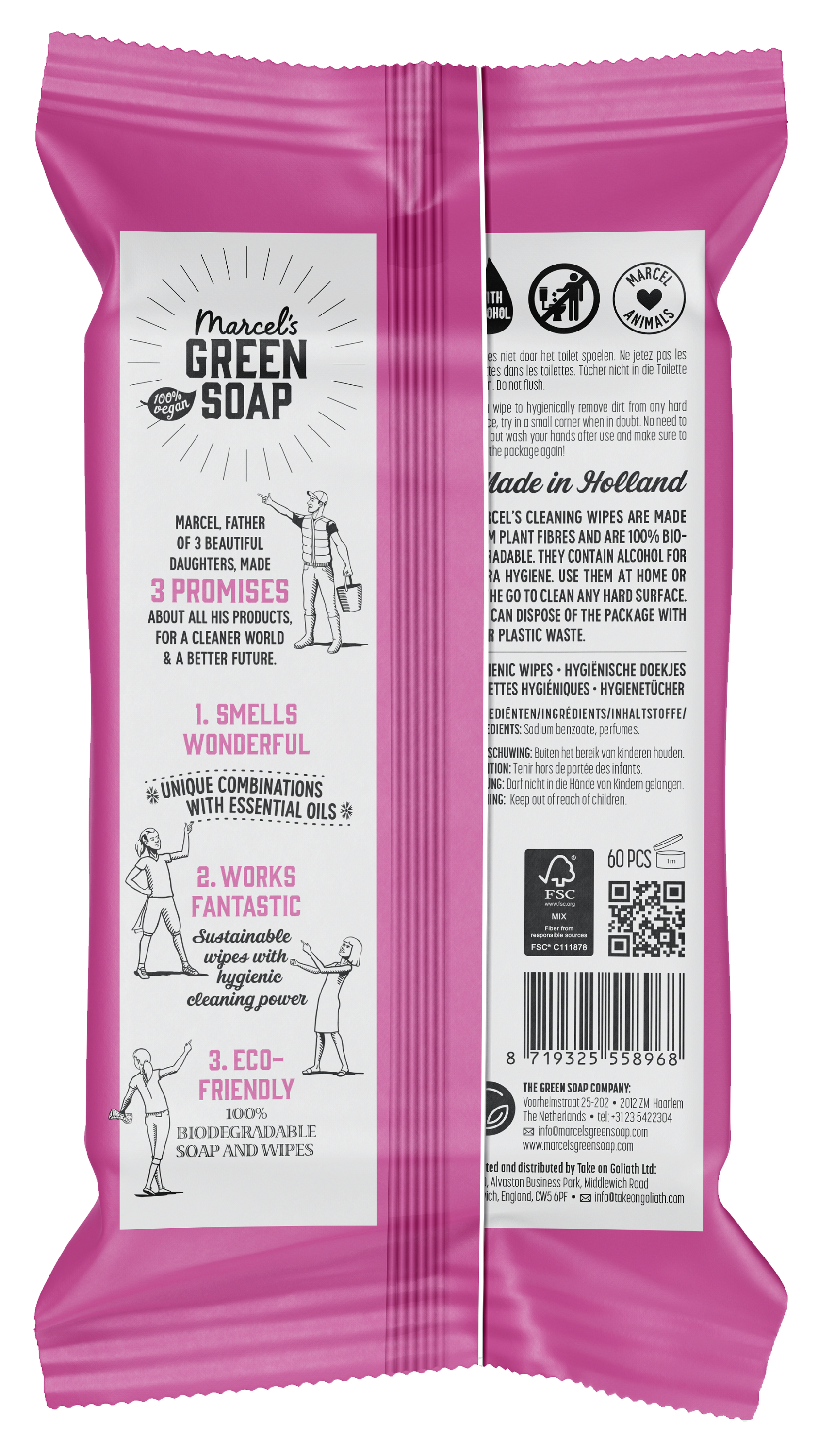 Marcel's Green Soap cleansing wipes with patchouli and cranberry, 60-pack, natural skincare and cleaning product in a resealable package