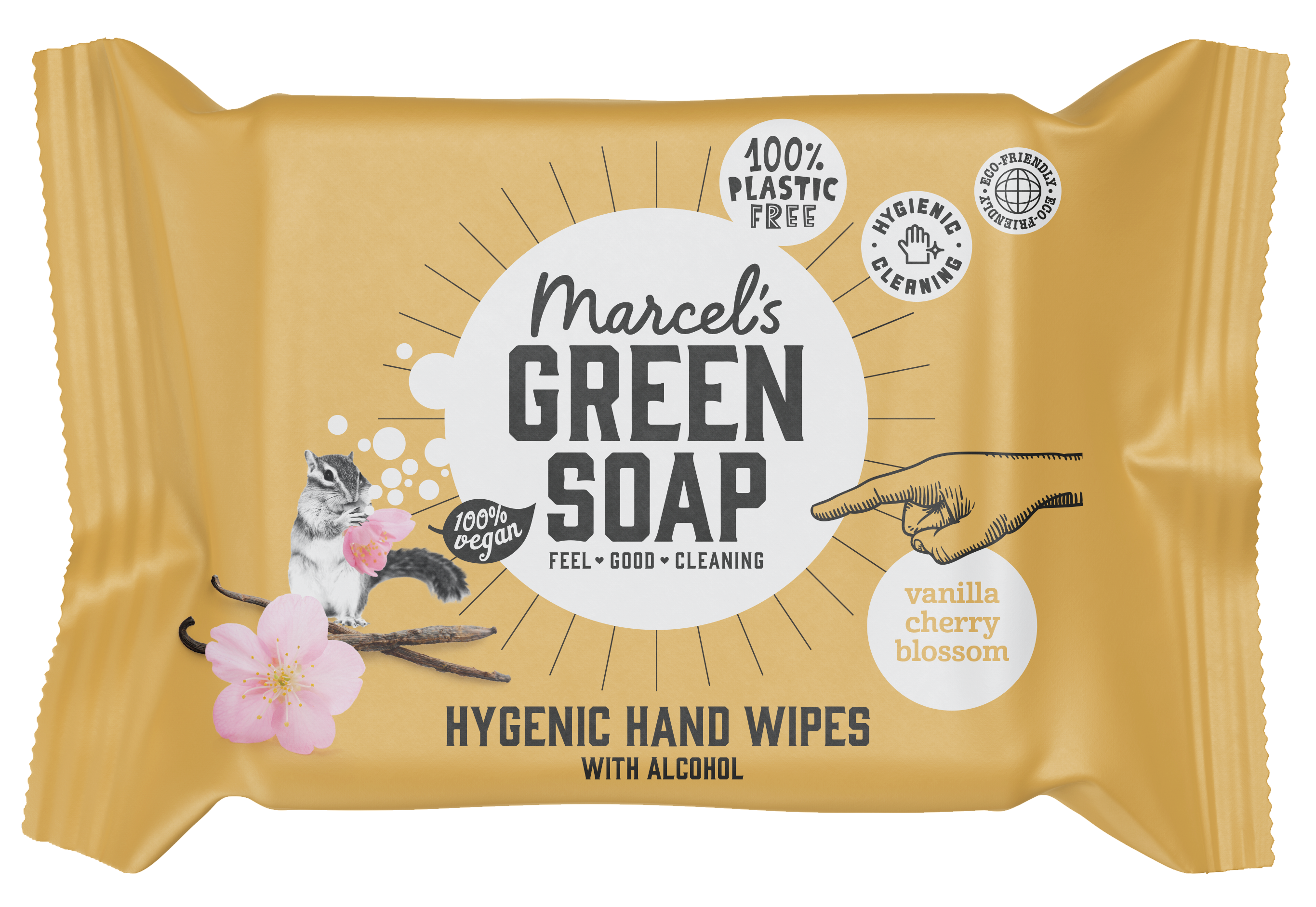 Marcel's Green Soap vanilla and cherry blossom hand wipes, eco-friendly skincare product, contains 15 hand care wipes in the image.