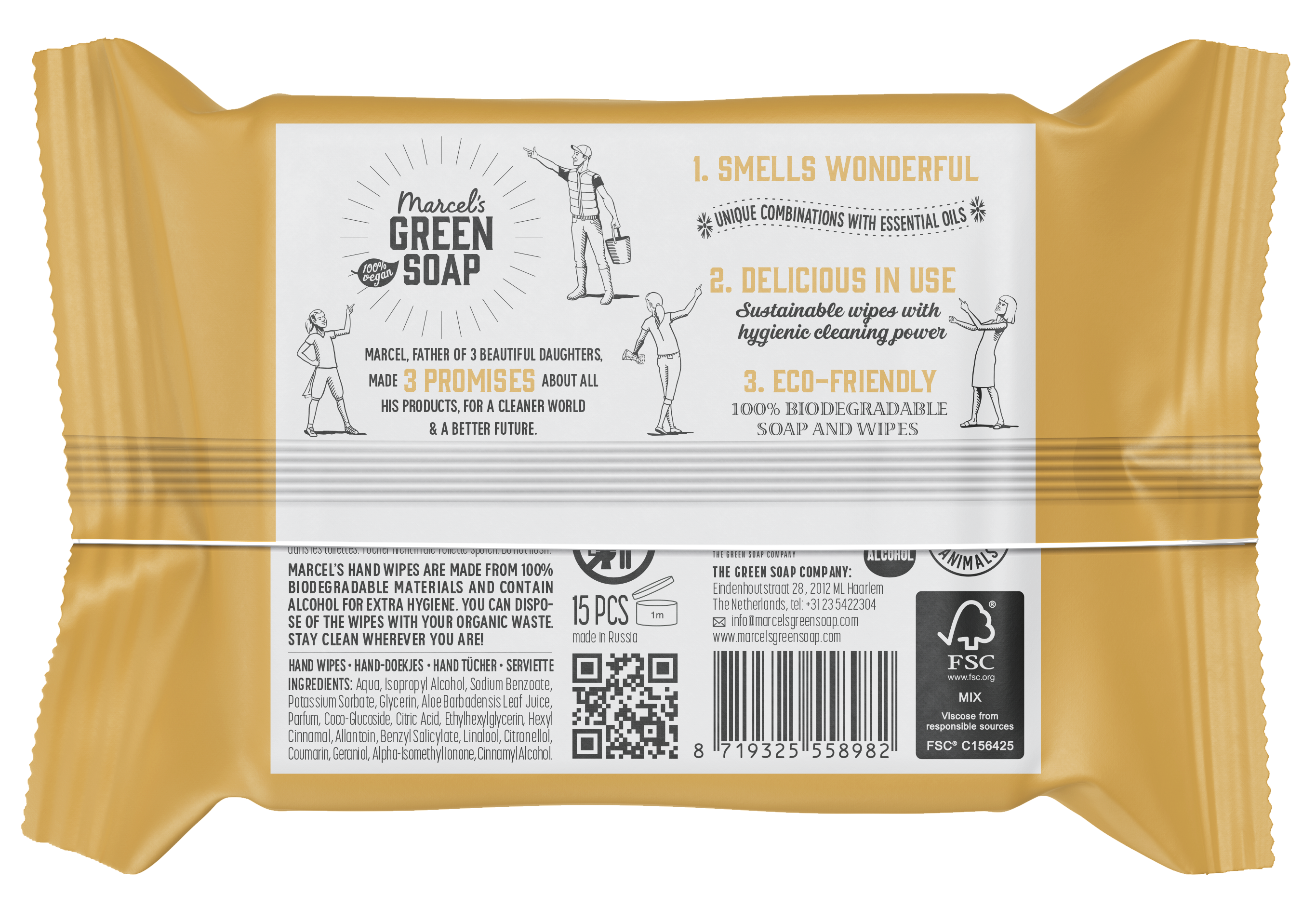 Marcel's Green Soap vanilla and cherry blossom hand wipes in a pack of 15, biodegradable hand care product with floral scent