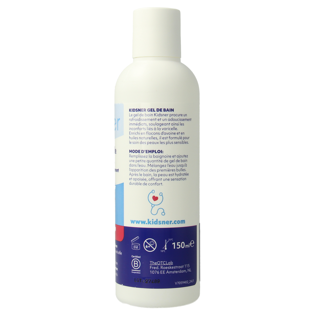 Kidsner Waterpokken Bad en Douche bottle, 150ml, with label featuring blue and white design and product details.