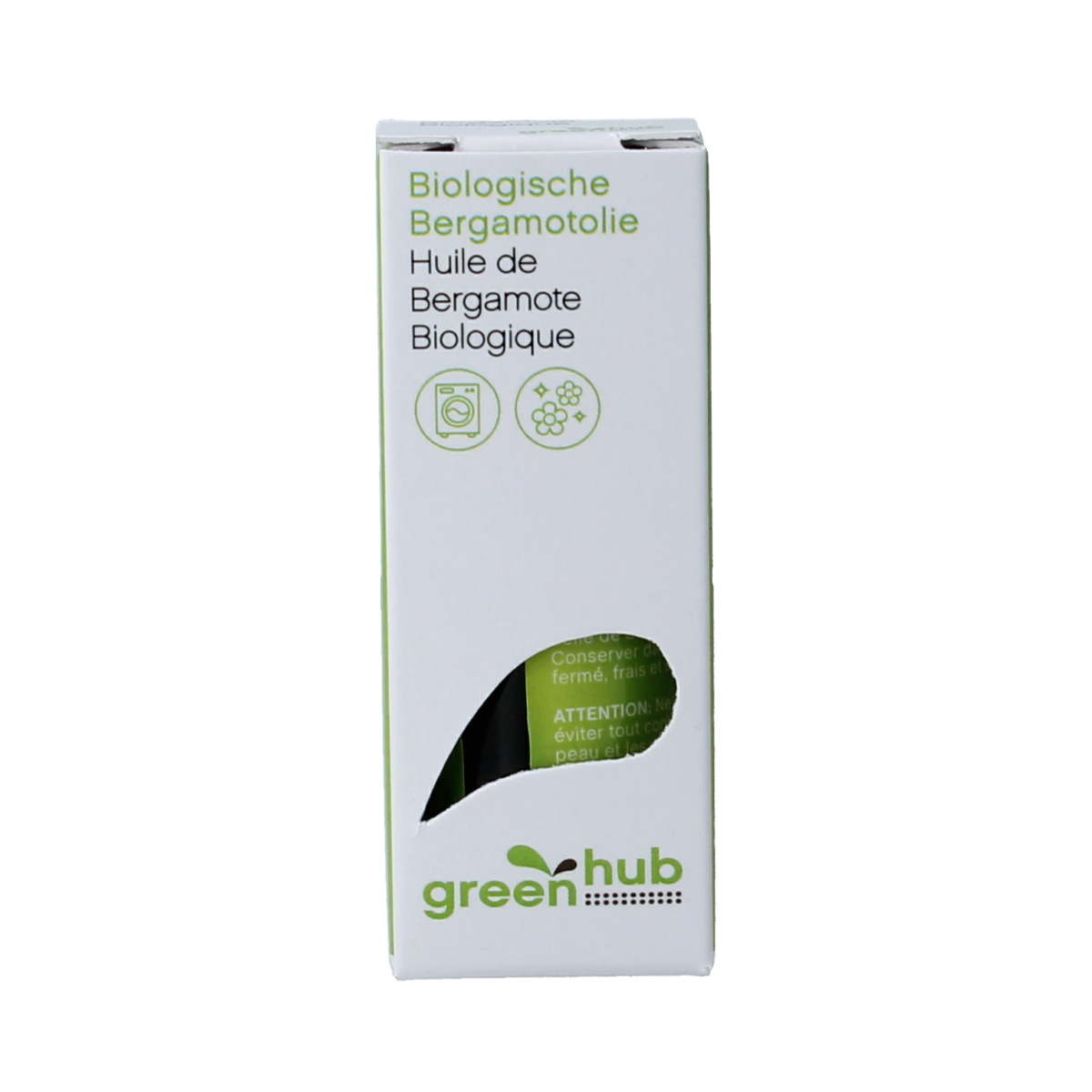 Greenhub bergamot essential oil in a 10ml bottle, showing the amber glass container and the product label on the packaging.