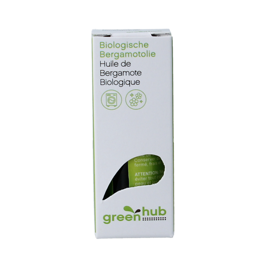 Greenhub bergamot essential oil in a 10ml bottle, showing the amber glass container and the product label on the packaging.