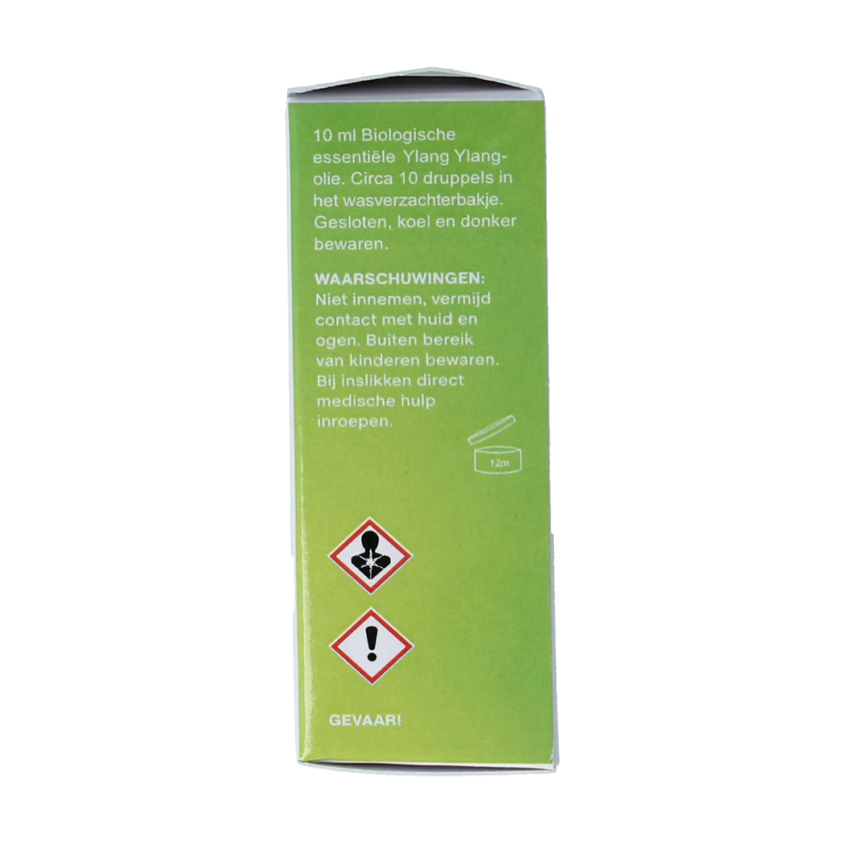 Greenhub organic ylang ylang essential oil in a 10ml bottle, showcasing the amber glass container and label.