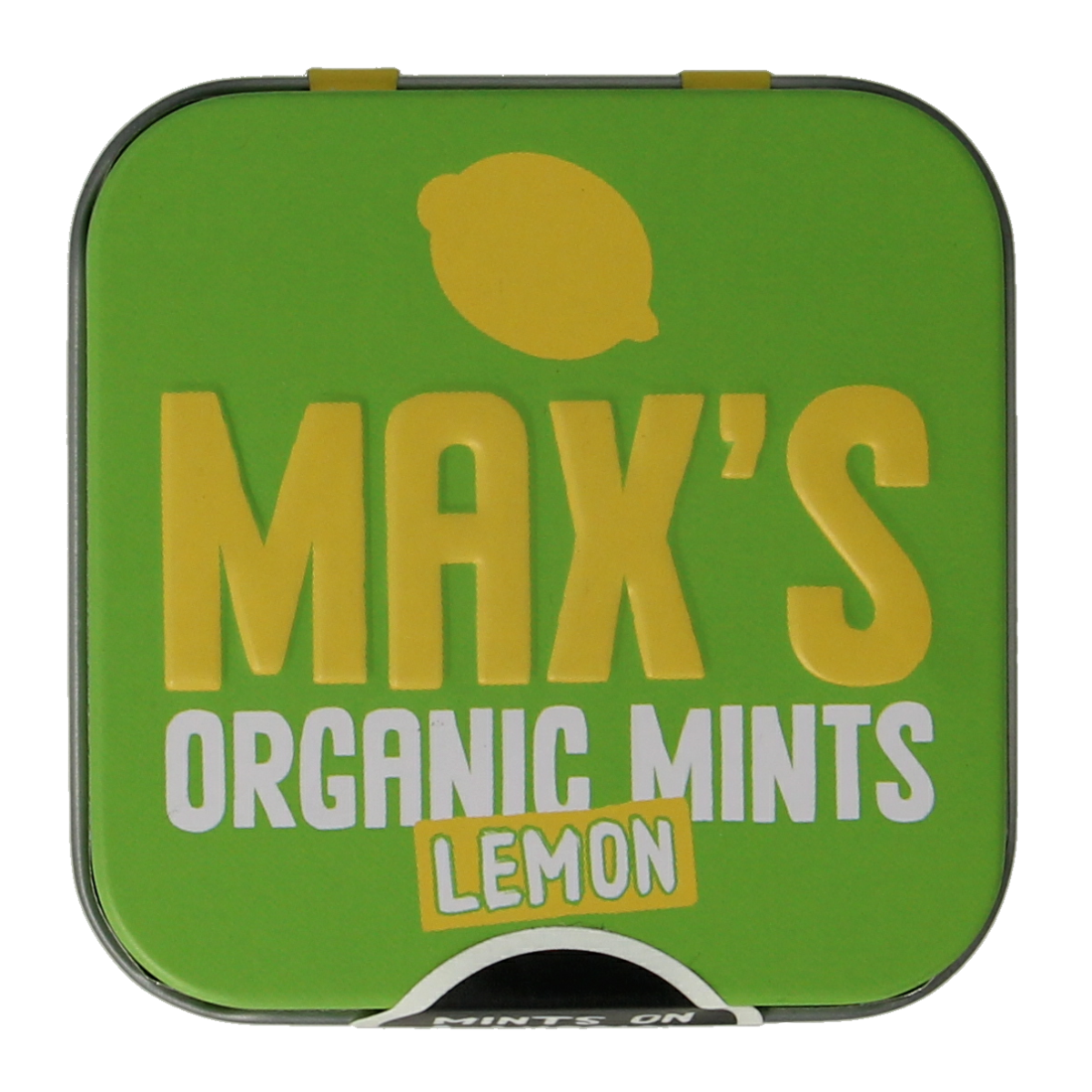 Max mints Lemon bio snoepgoed in a square 35g tin, featuring bright yellow lemon flavor and packaging.