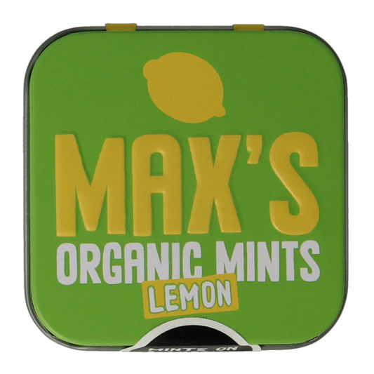 Max mints Lemon bio snoepgoed in a square 35g tin, featuring bright yellow lemon flavor and packaging.