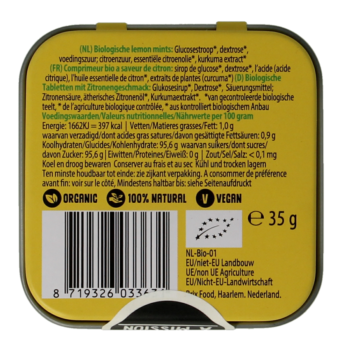 Max mints Lemon blikje, a square bio candy tin with 35g of lemon-flavored mints, shown in the image.