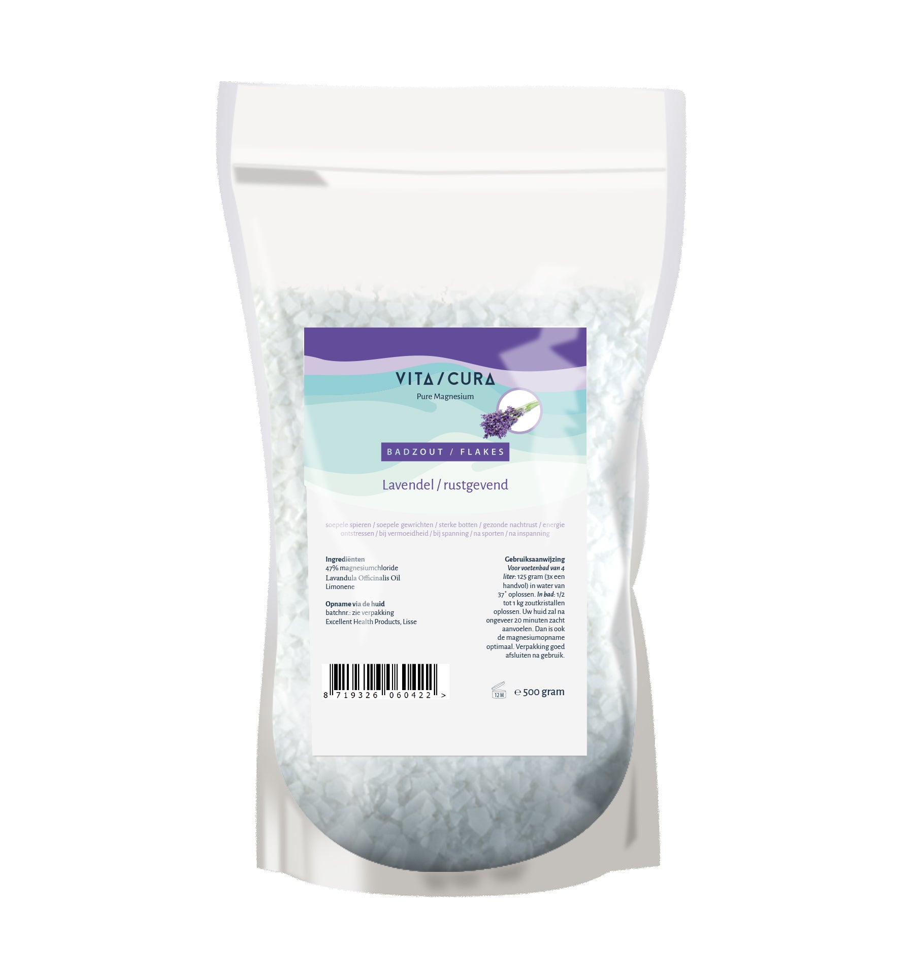 Vitacura Magnesium bath and shower flakes with lavender in a 500g package, shown in a close-up image.