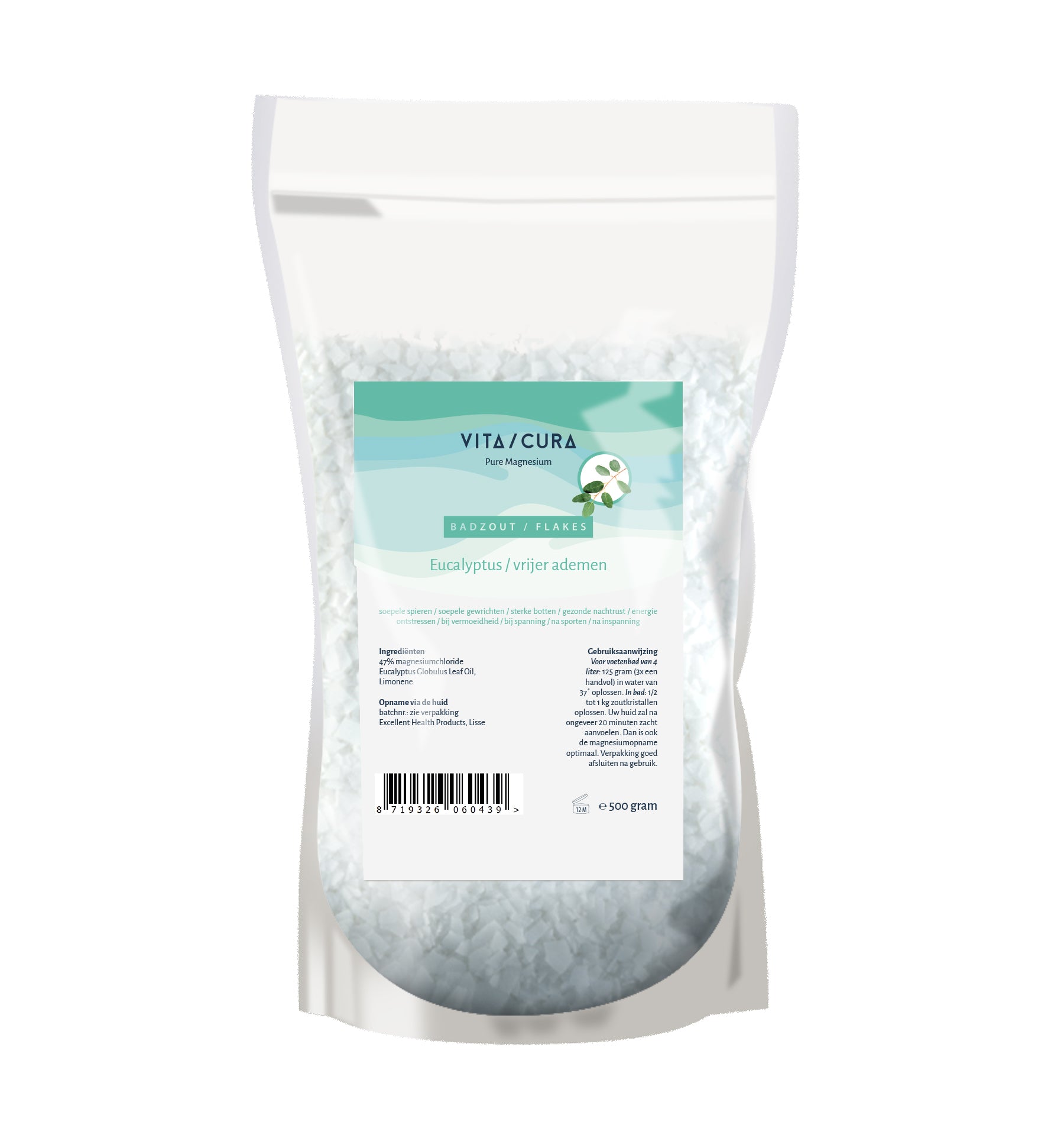 Vitacura Magnesium bath flakes with eucalyptus, 500 grams, ideal for relaxing baths and showers with natural mineral benefits.
