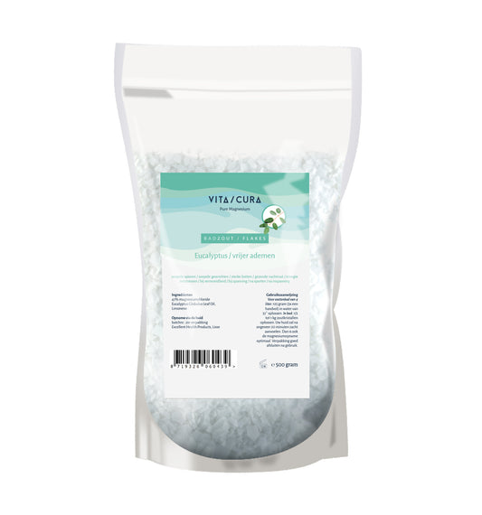 Vitacura Magnesium bath flakes with eucalyptus, 500 grams, ideal for relaxing baths and showers with natural mineral benefits.