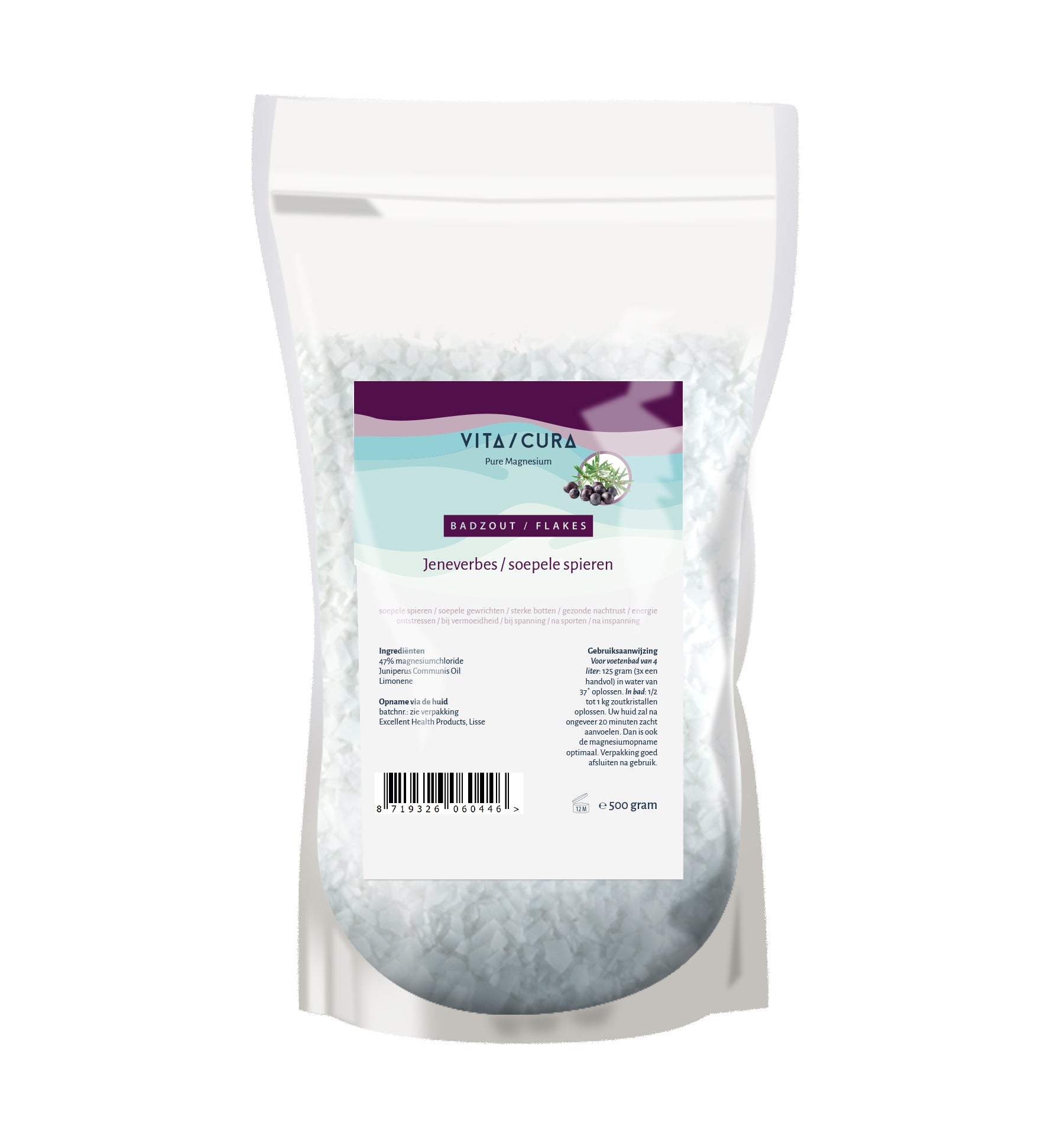 Vitacura Magnesium bath and shower flakes with juniper berries in a 500g package, natural mineral soak for relaxation and skin care.