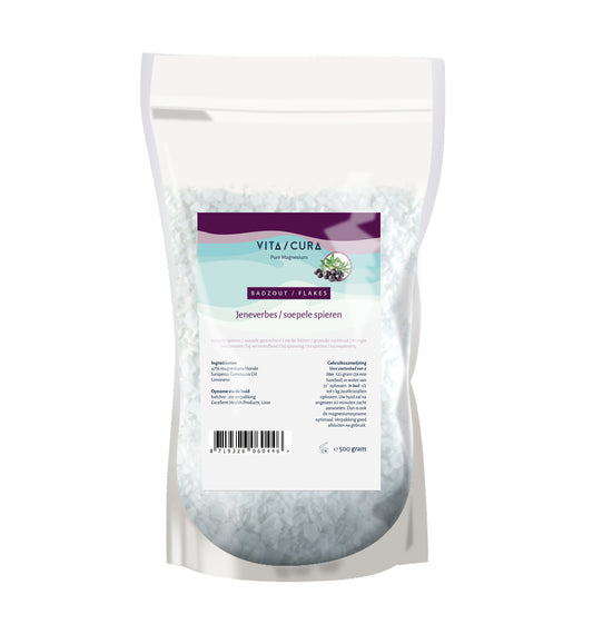 Vitacura Magnesium bath and shower flakes with juniper berries in a 500g package, natural mineral soak for relaxation and skin care.