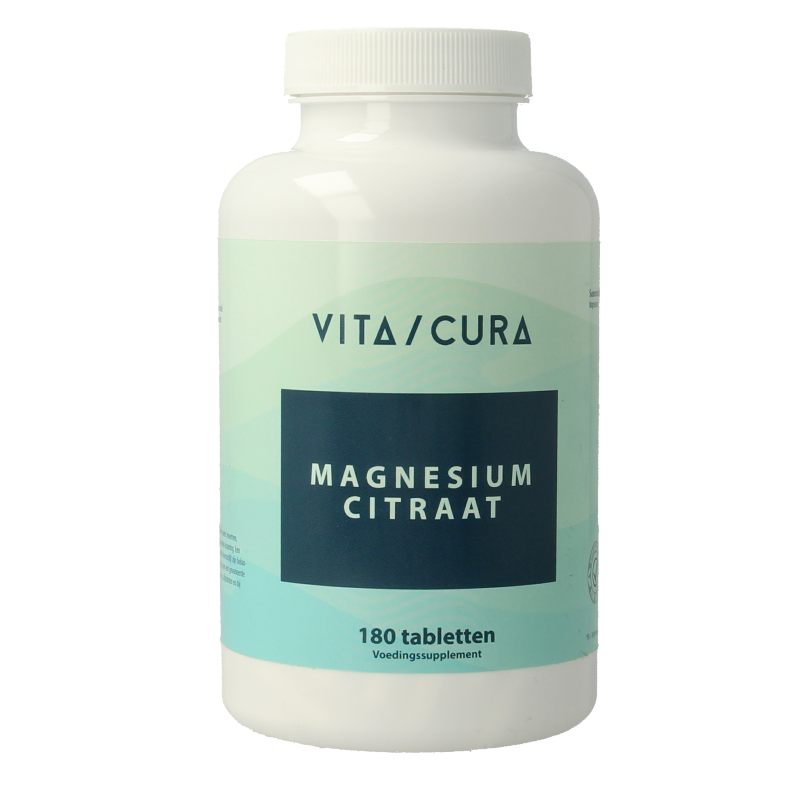 Bottle of Vitacura Magnesium Citrate 200 mg mineral supplement with 180 tablets, shown in a clear plastic container.