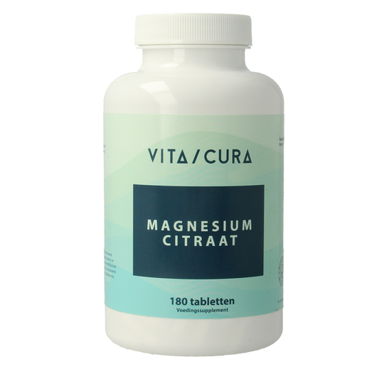 Bottle of Vitacura Magnesium Citrate 200 mg mineral supplement with 180 tablets, shown in a clear plastic container.