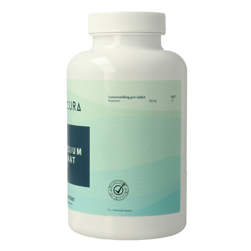 Vitacura Magnesium Citraat 200 mg supplement with 180 tablets, showing the bottle and tablets inside.