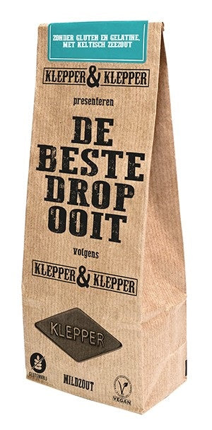 Klepper&Klepper mildzout drop candy in a 200g package, showing the colorful, chewy licorice pieces on the front of the package.