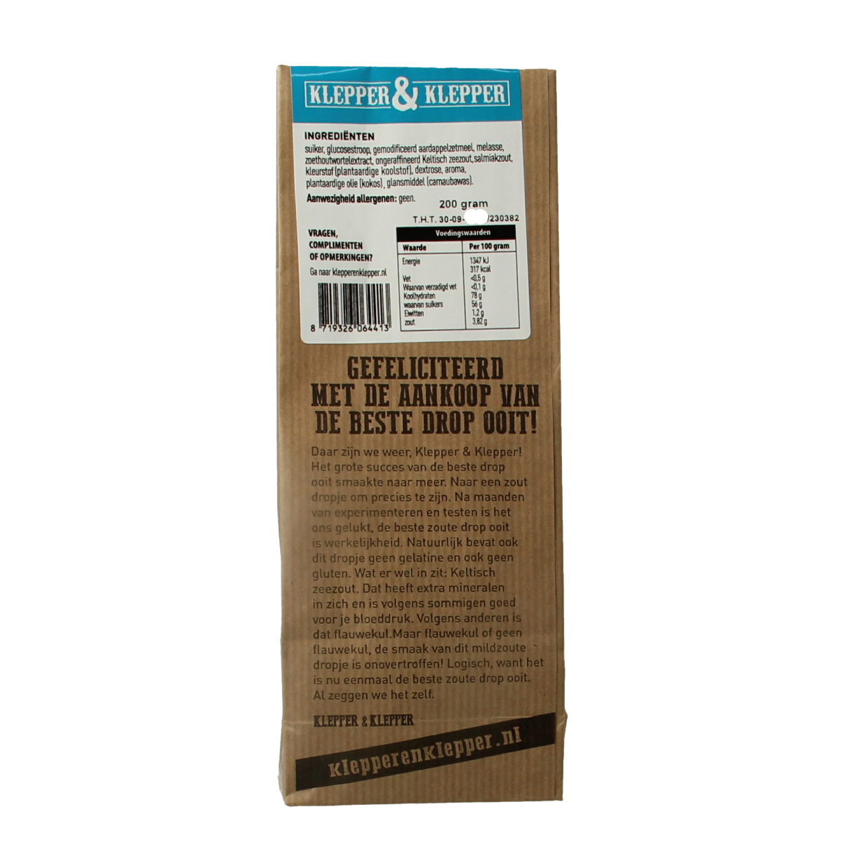 Klepper&Klepper De Beste Drop Ooit Mildzout 200g, colorful soft licorice candies in a clear bag.