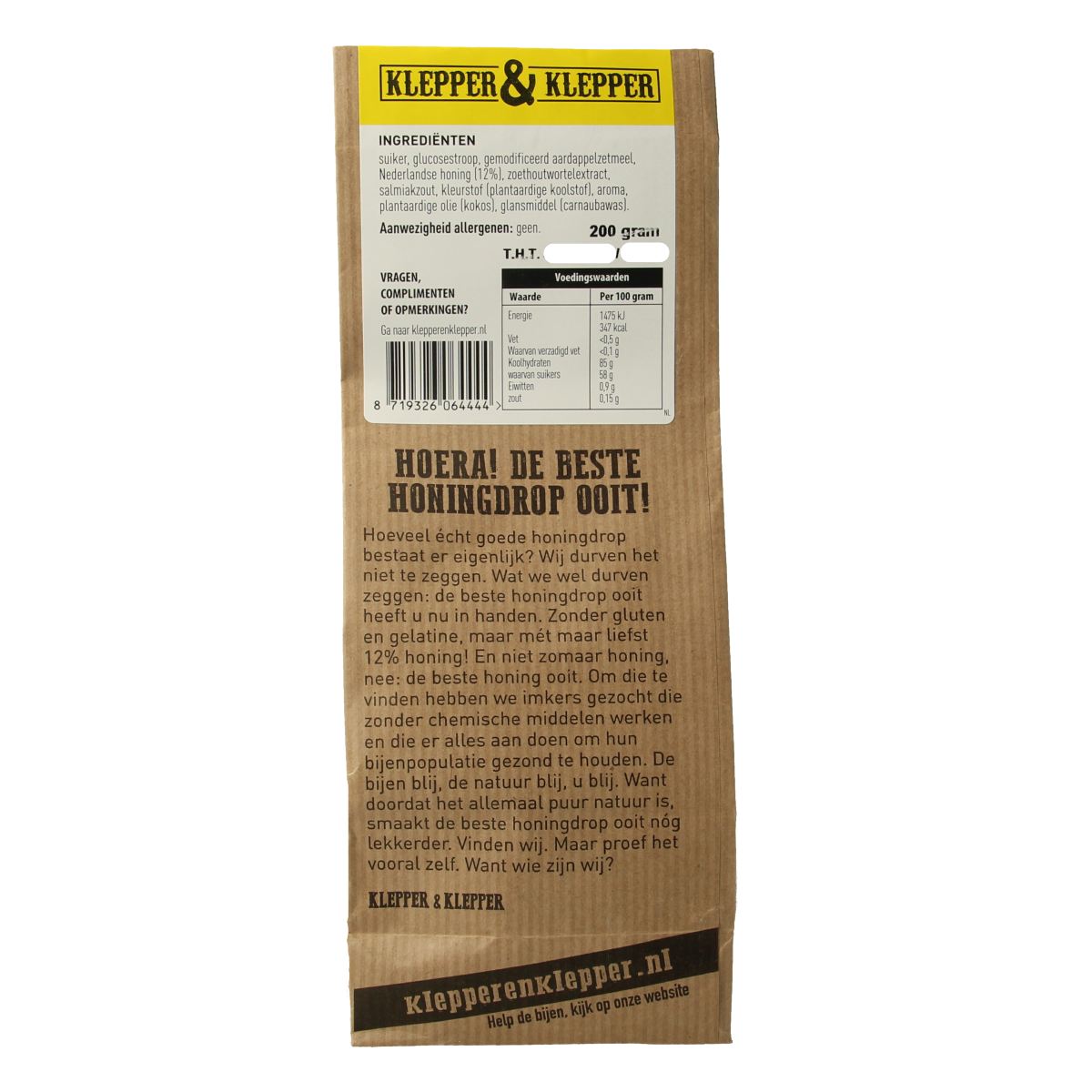 Klepper&Klepper hone drops in a clear package, 200g, showcasing the sweet candy product with colorful branding.