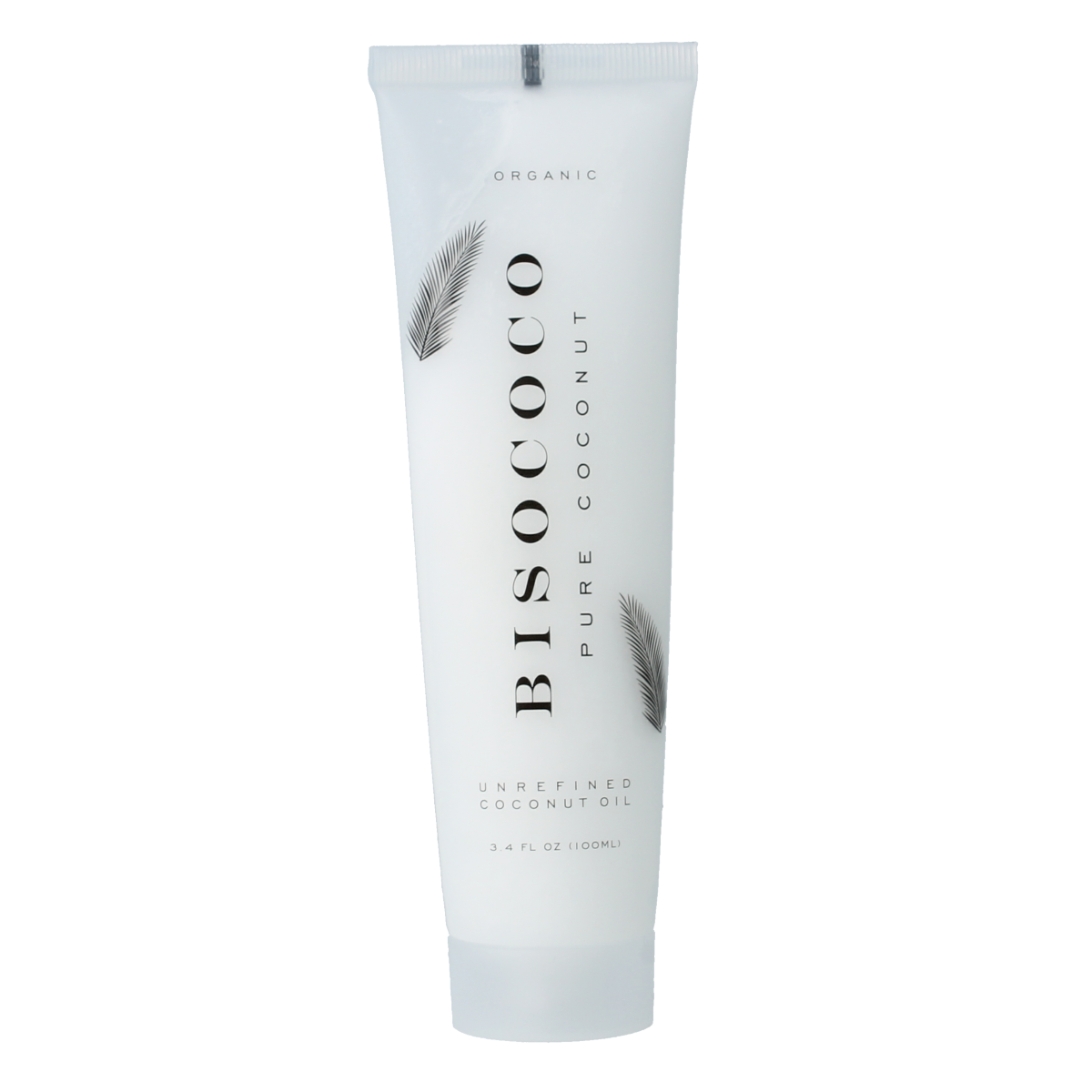 Bisococo coconut oil tube for body care, 100ml, natural skincare product with coconut extract, shown in the image.