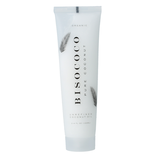 Bisococo coconut oil tube for body care, 100ml, natural skincare product with coconut extract, shown in the image.