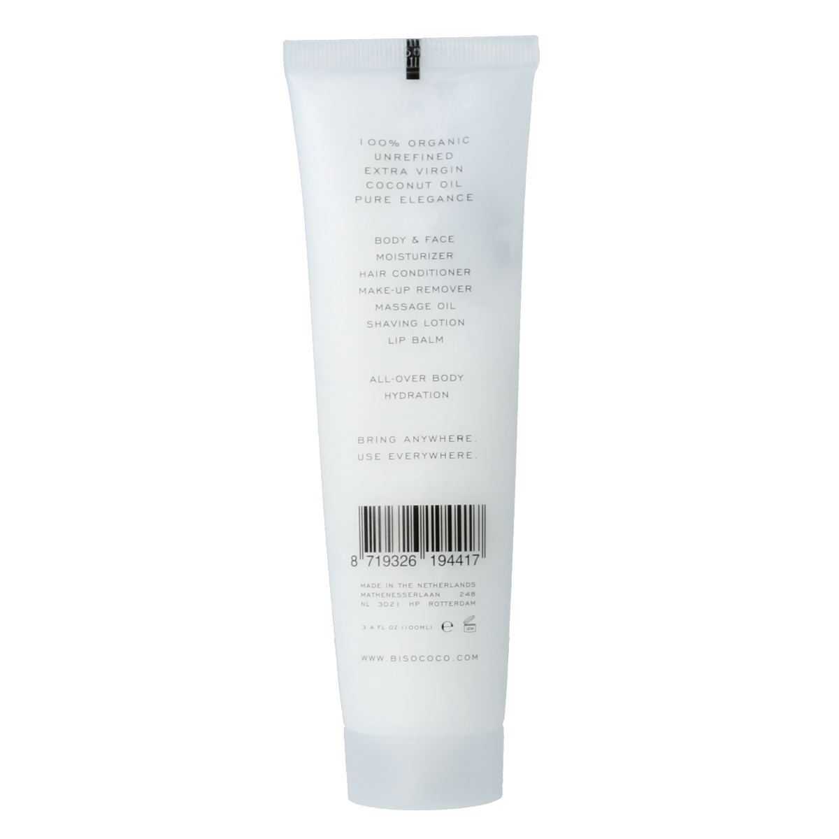 Bisococo coconut oil tube, 100ml, natural body care product with a white and green label, suitable for skincare.