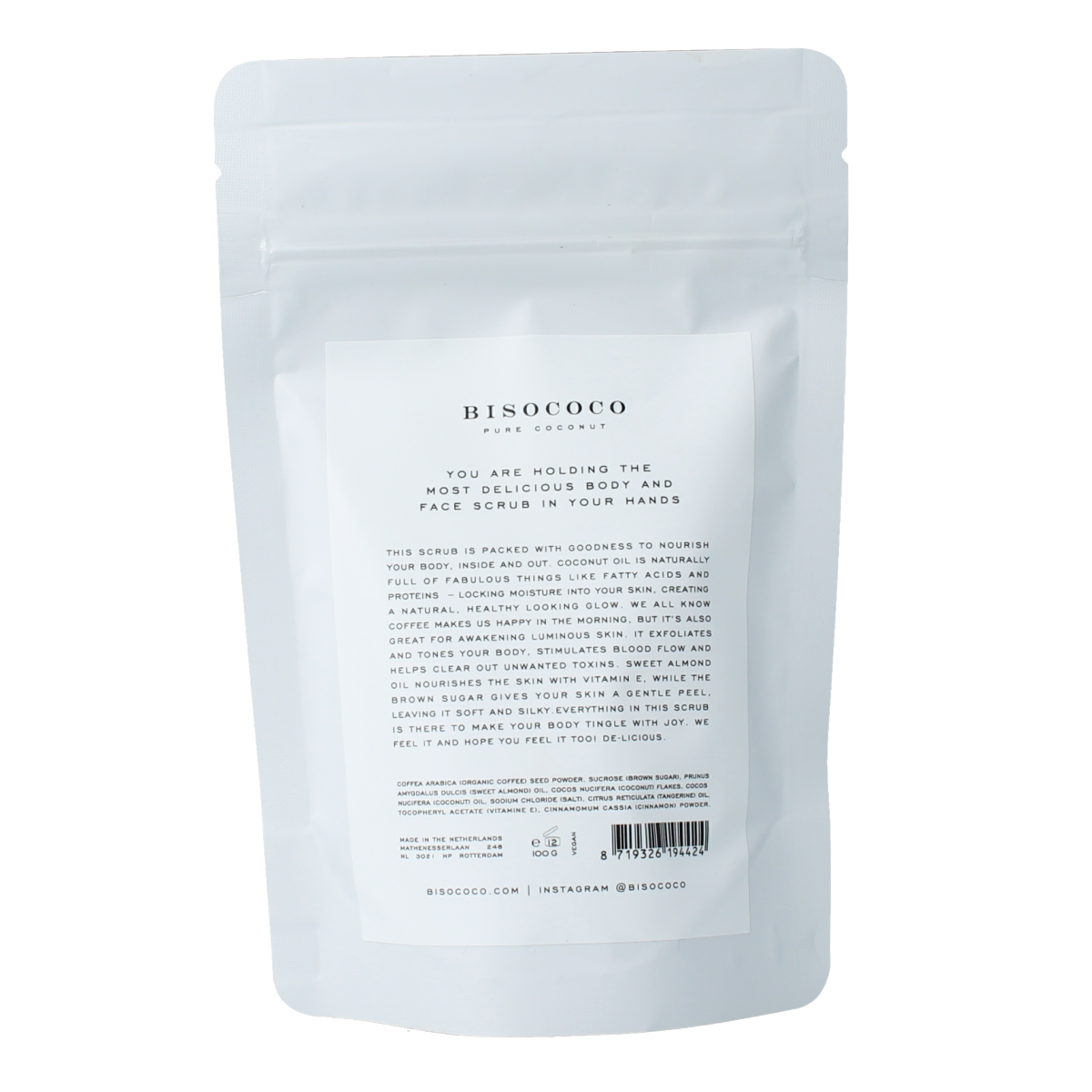 Bisococo Coffee scrub 100g for body care, featuring natural coffee beans in a plastic jar, designed for exfoliation and skin renewal.