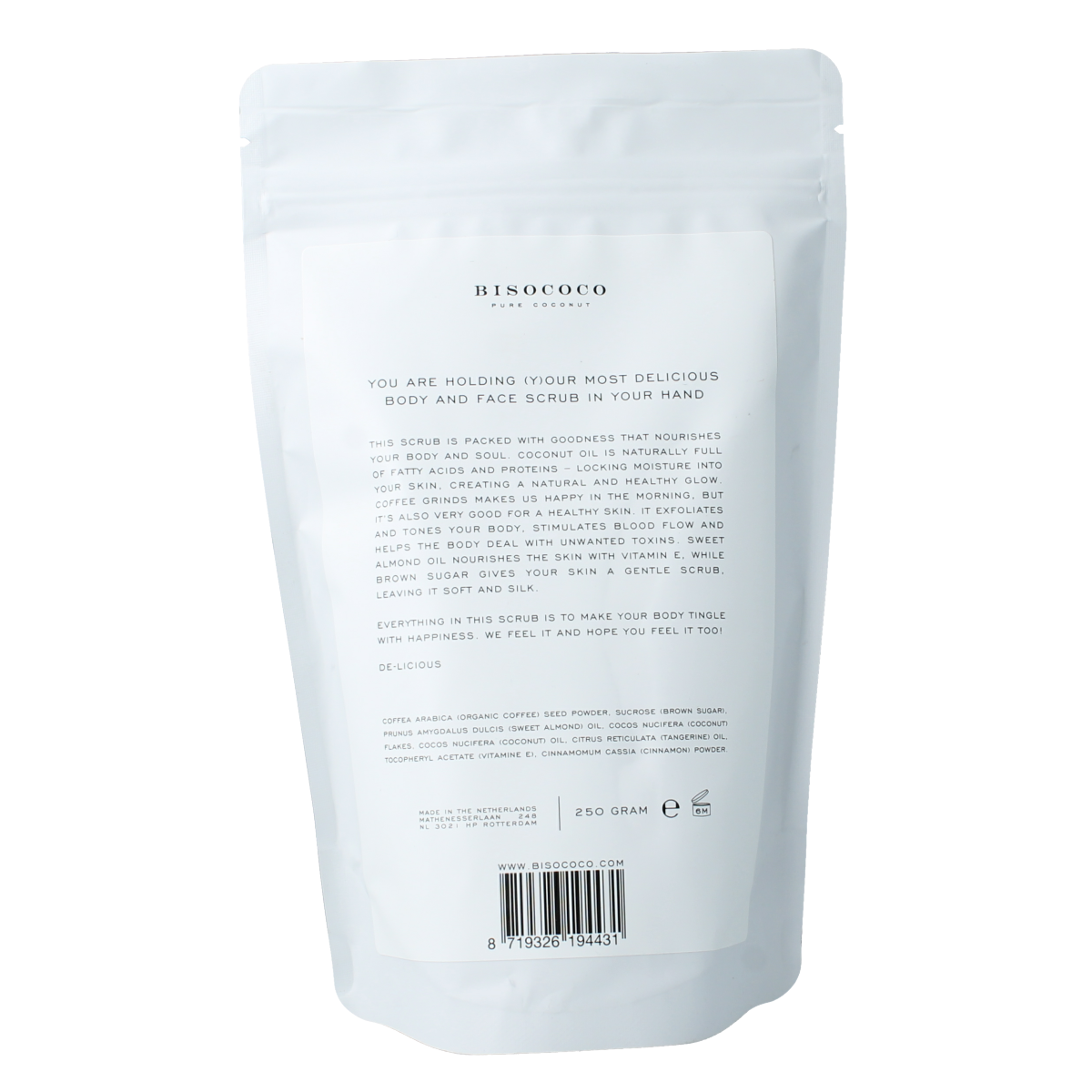 Bisococo Coffee scrub in 250g jar, natural body care product with coffee grounds for exfoliation and skin revitalization.