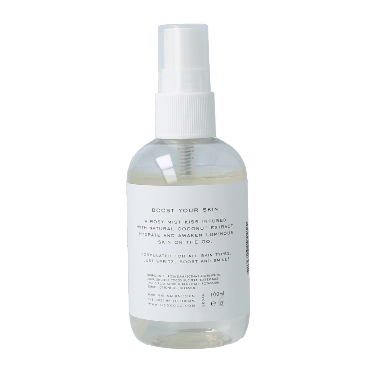 Bisococo face mist 100g in a clear spray bottle, designed for facial skincare and hydration.