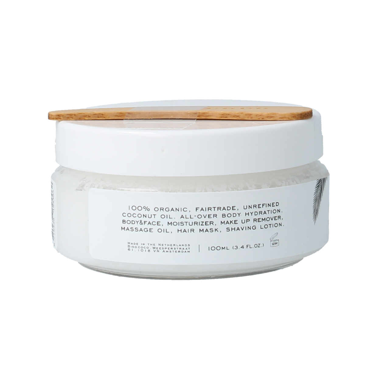 Bisococo Coconut Oil Pot 100ml, natural body care product with a white container and label, ideal for skincare and moisturizing.