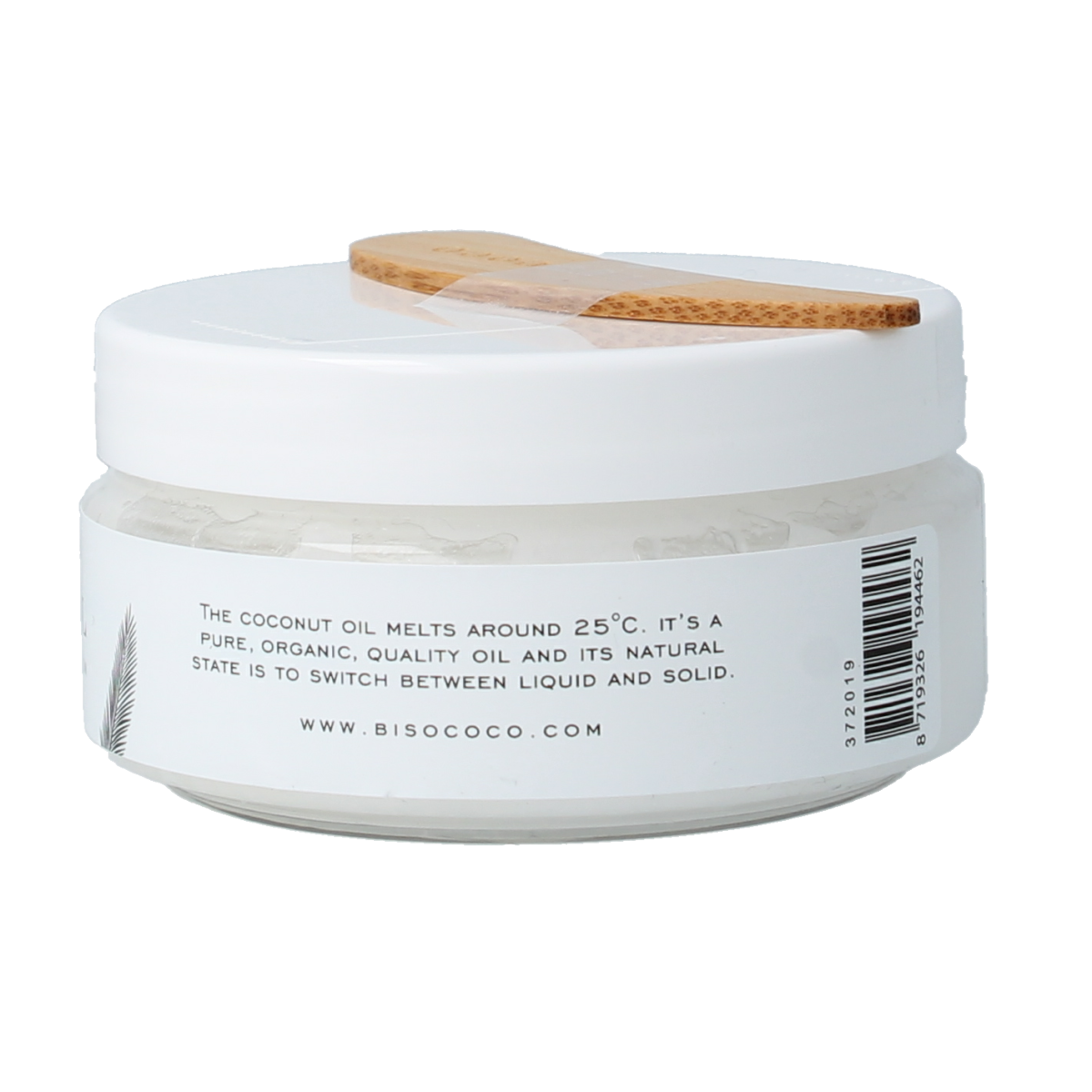 Bisococo coconut oil pot labeled 100ml, natural body care product in a small, clear container with a black lid.