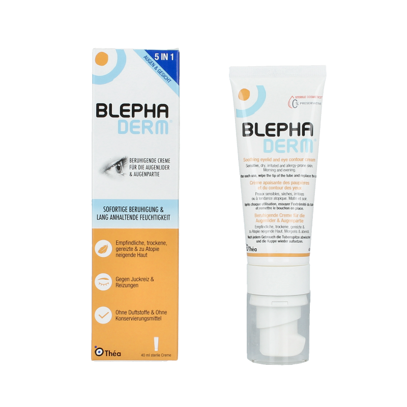 Blephaderm eye care product in a 40ml bottle, designed for gentle eyelid skincare and soothing eye area.