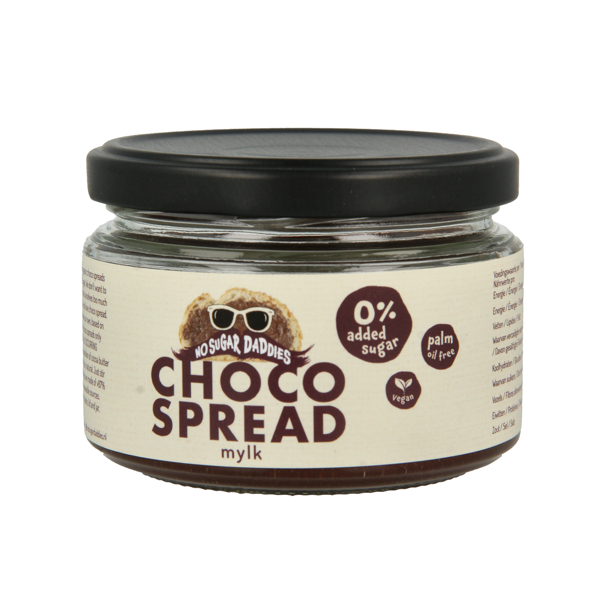 No Sugar Daddies Chocopasta mylk bio spread on bread, showing smooth, chocolate-flavored spread in a jar with a spoon.