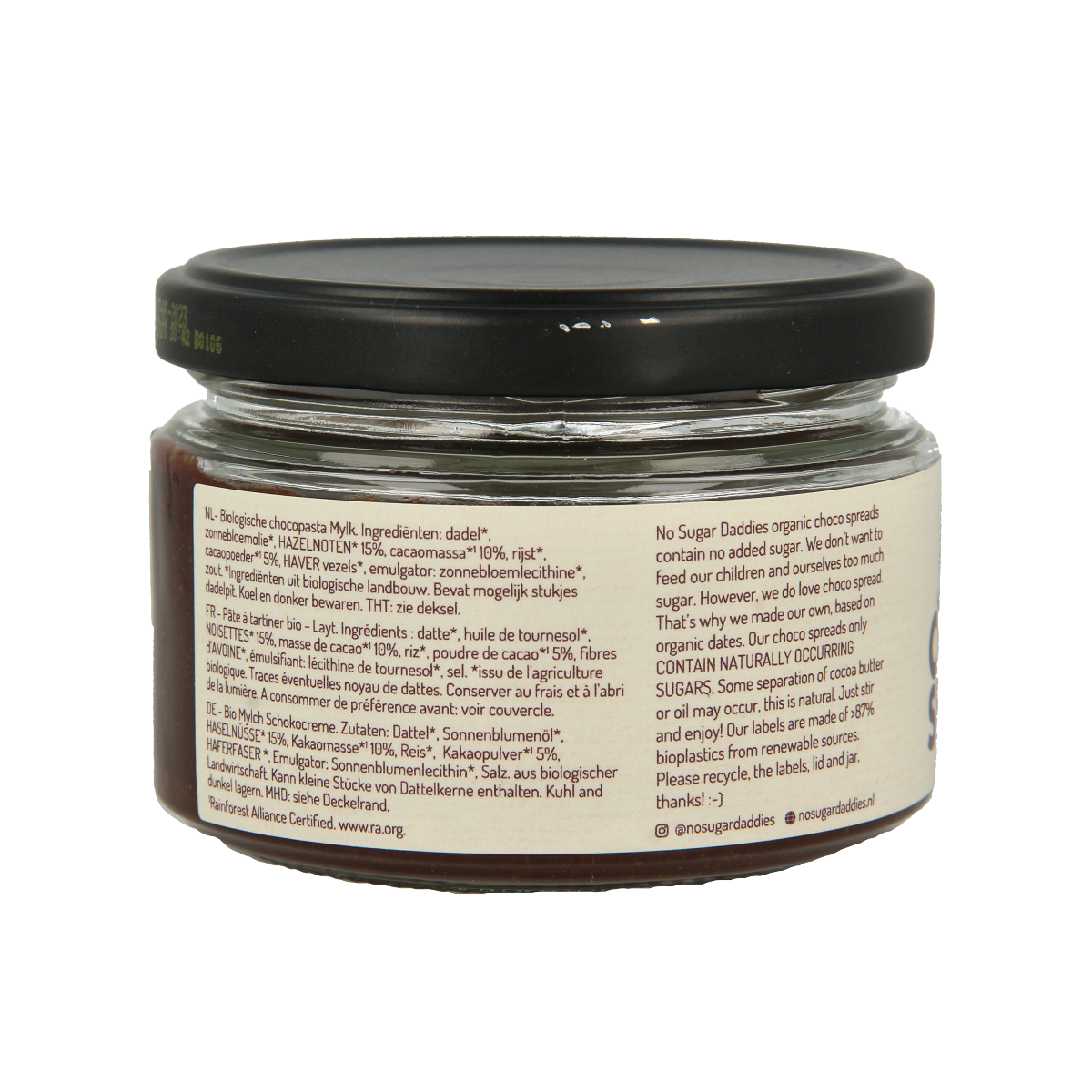 No Sugar Daddies Chocopasta mylk bio spread on bread, creamy chocolate spread in a 200g jar with a smooth texture.