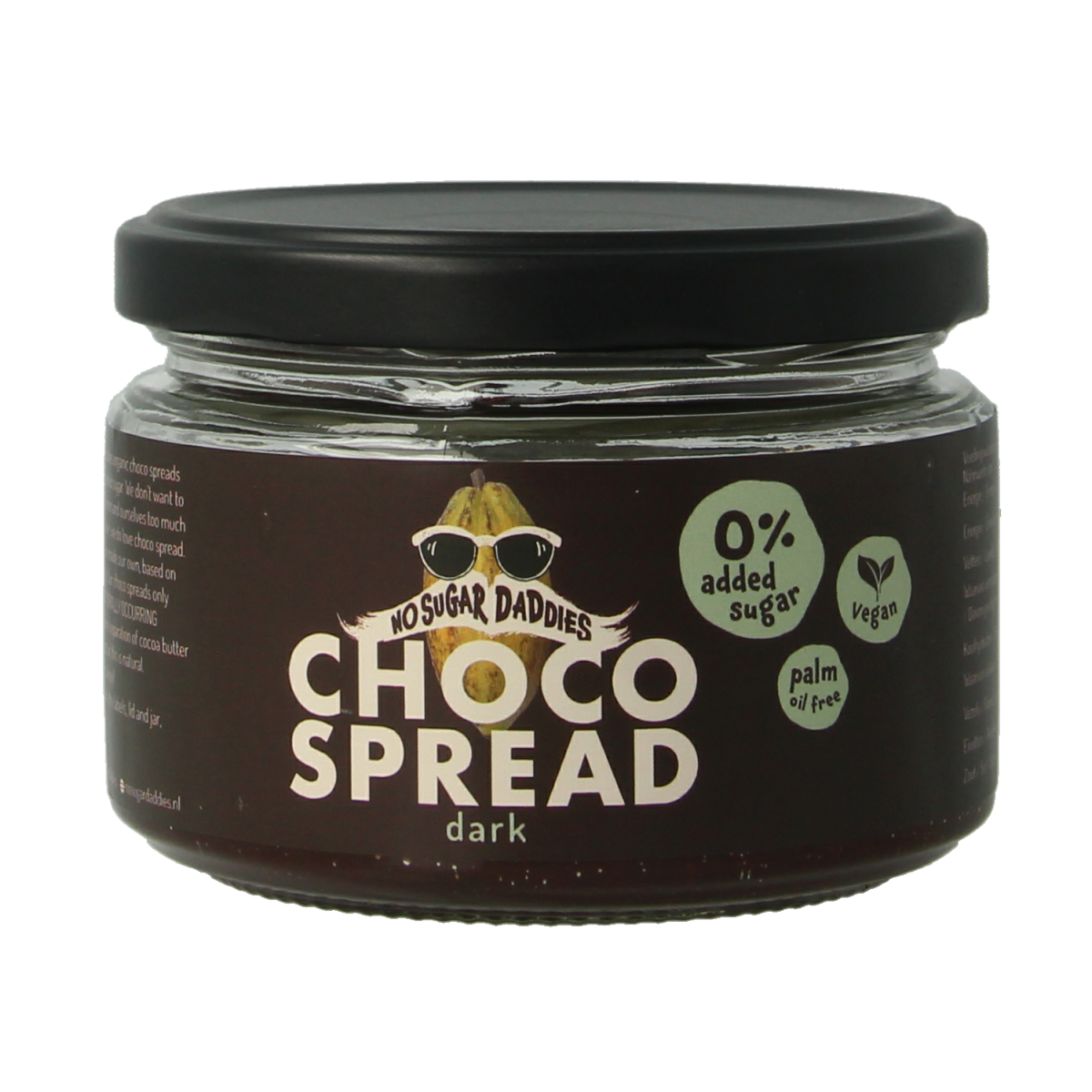 No Sugar Daddies Chocopasta puur bio spread on bread, 200g jar, natural and creamy chocolate spread for breakfast or snacks.