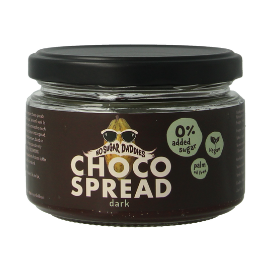 No Sugar Daddies Chocopasta puur bio spread on bread, 200g jar, natural and creamy chocolate spread for breakfast or snacks.