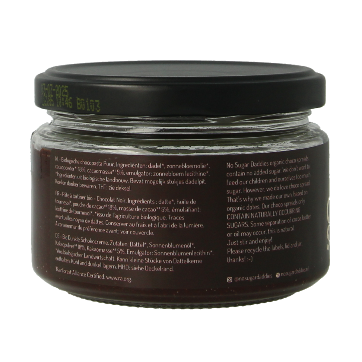 No Sugar Daddies Chocopasta puur bio spread on bread, 200g jar, smooth dark chocolate spread for breakfast or snacks