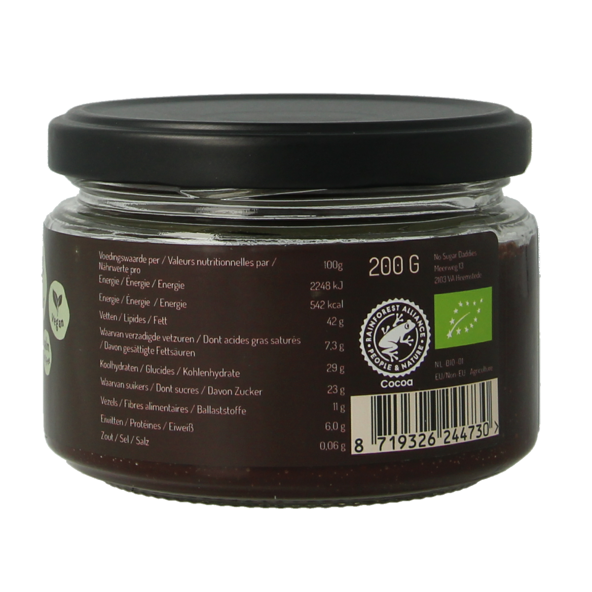 No Sugar Daddies Chocopasta puur bio spread on bread, 200g jar, creamy chocolate spread for breakfast or snacks.