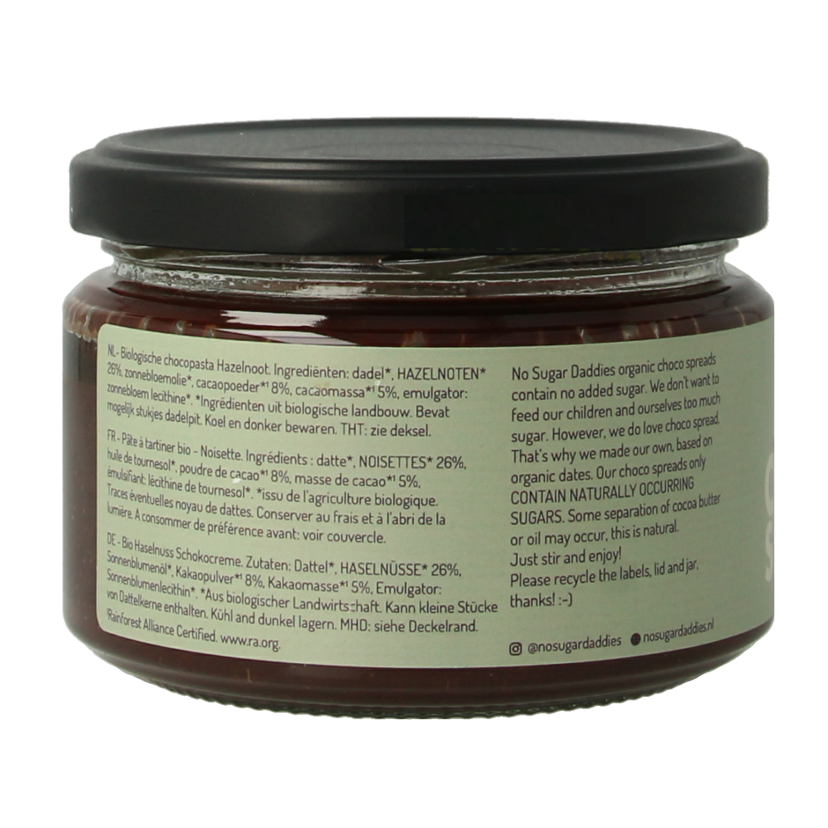 No Sugar Daddies hazelnut Chocopasta spread on bread, natural bio hazelnut chocolate spread for breakfast or snacks.